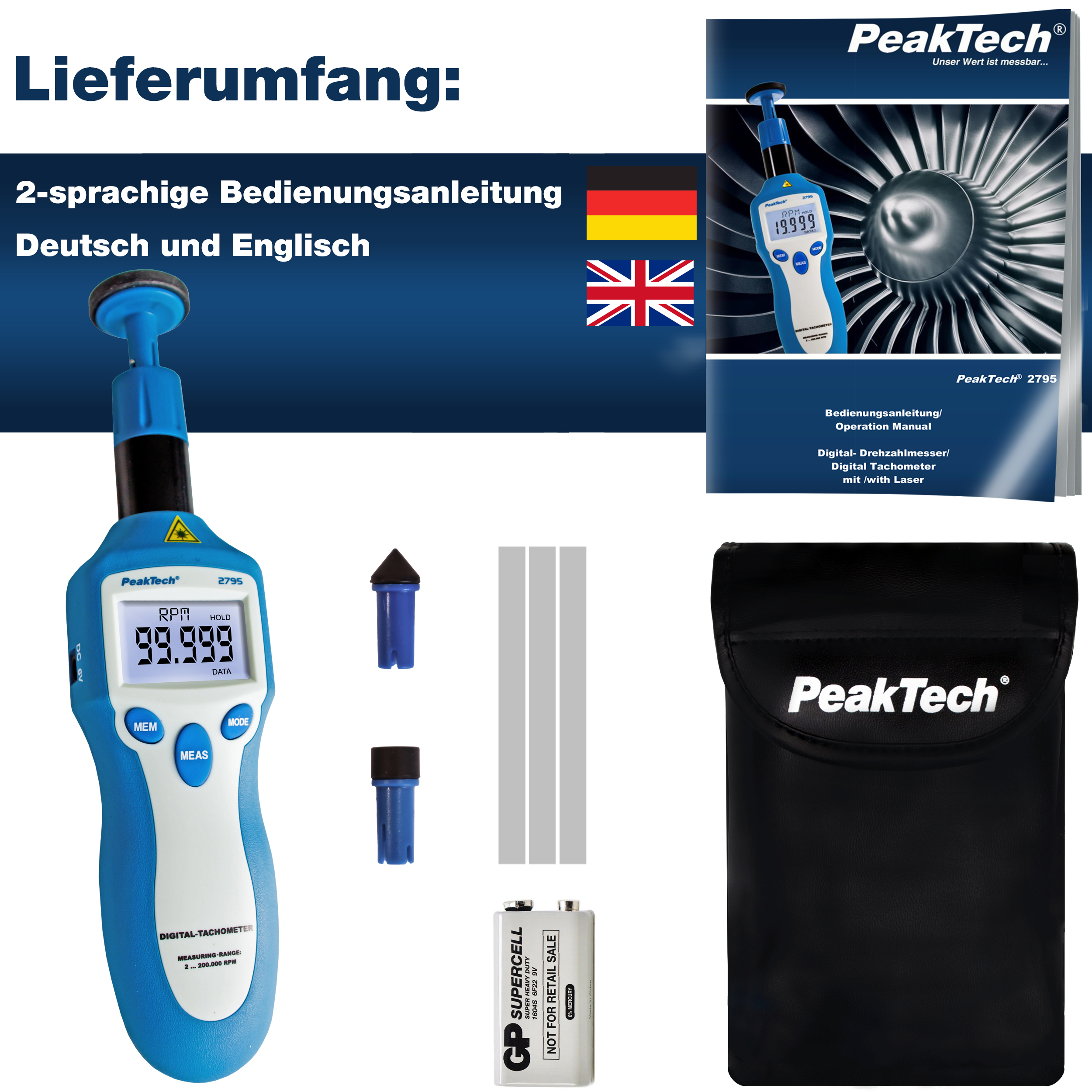 «PeakTech® P 2795» Tachometer photo-contact type with laser