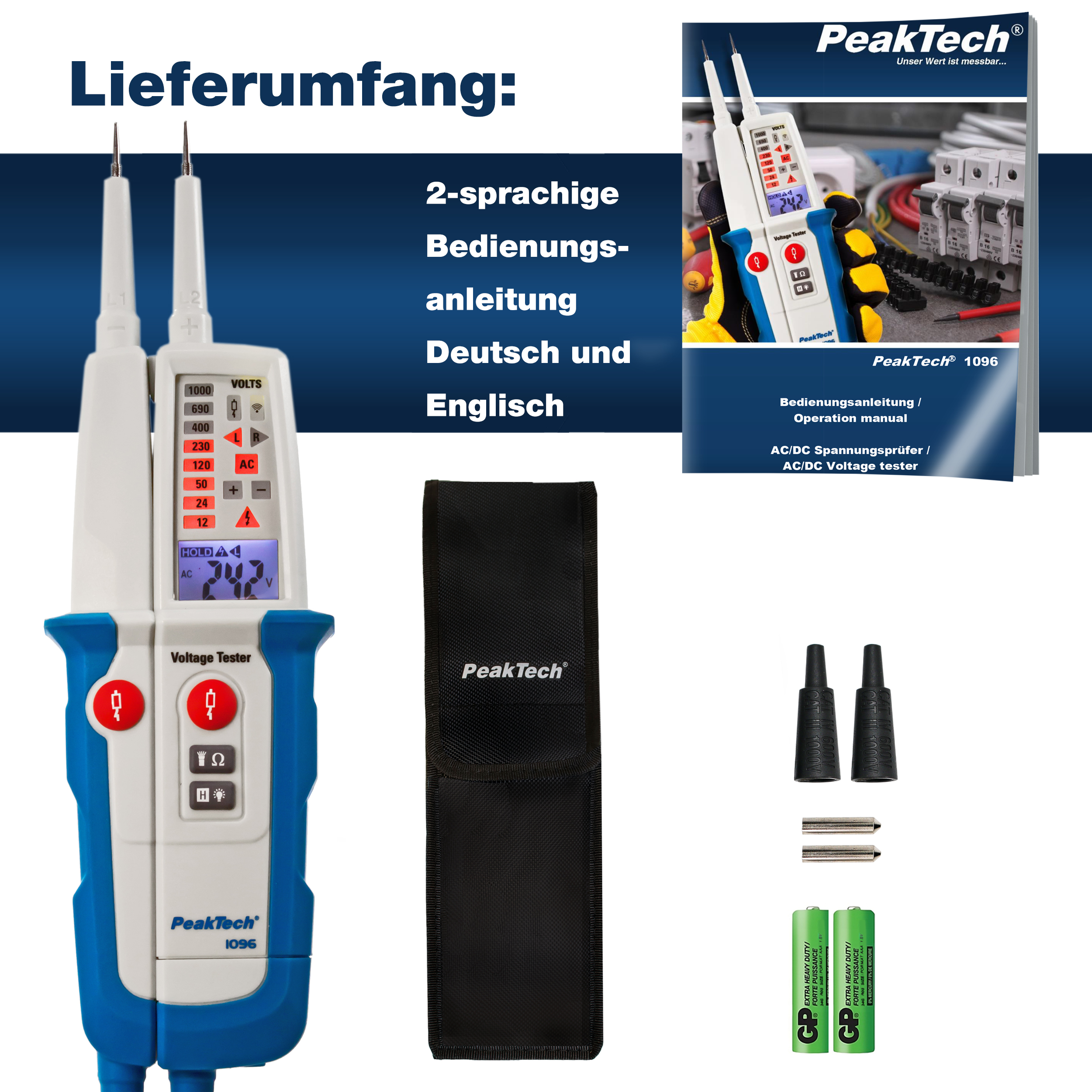 «PeakTech® P 1096» AC/DC-Spannungsprüfer mit FI-Test und Dual-Anzeige