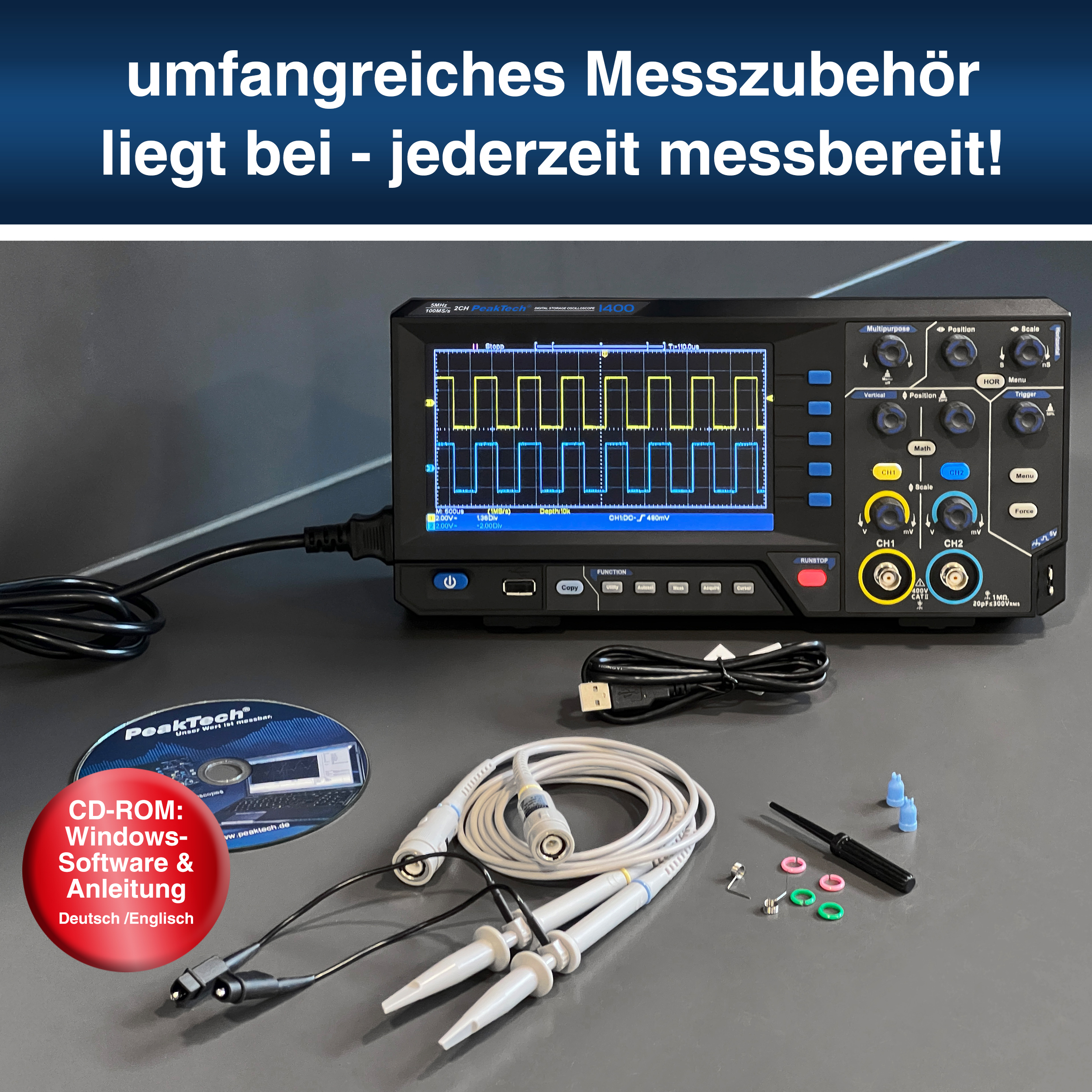 «PeakTech® P 1400» 5 MHz / 2 CH, 100 MS/s Digitalspeicheroszilloskop