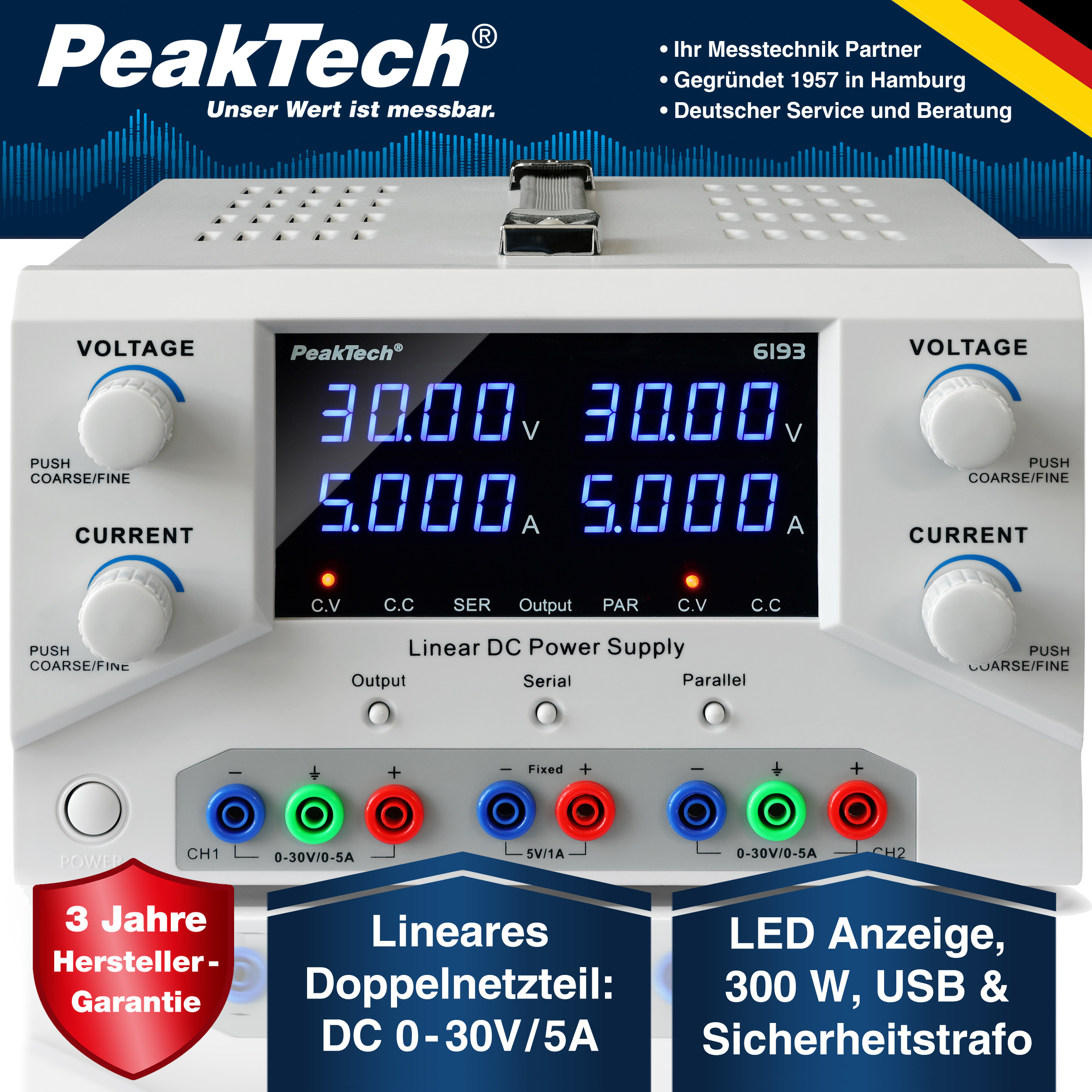 «PeakTech® P 6193» Fuente de alimentación 2x 0-30 V / 0-5 A DC y USB