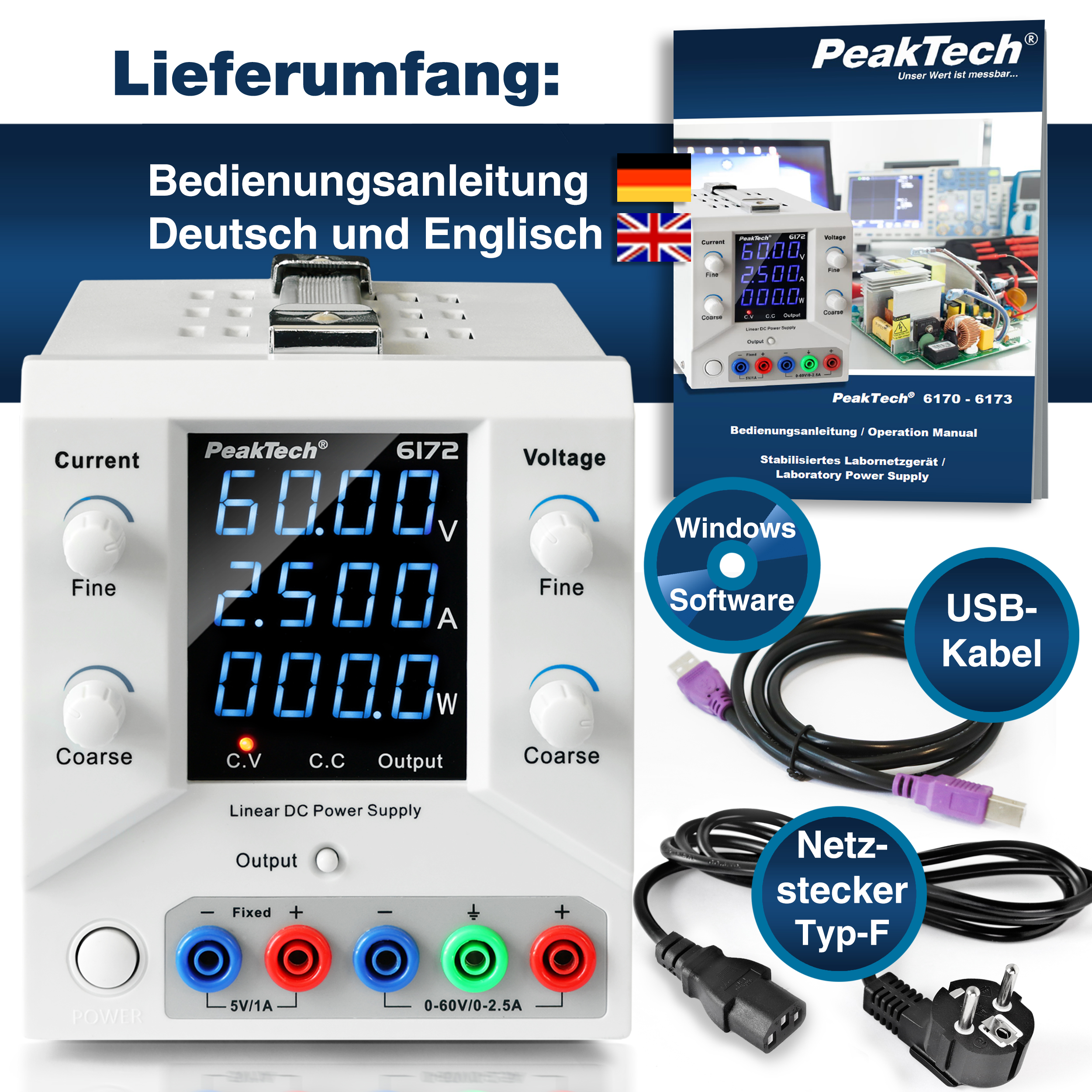 «PeakTech® P 6172» Laboratory power supply 0-60 V / 0-2,5 A DC & USB