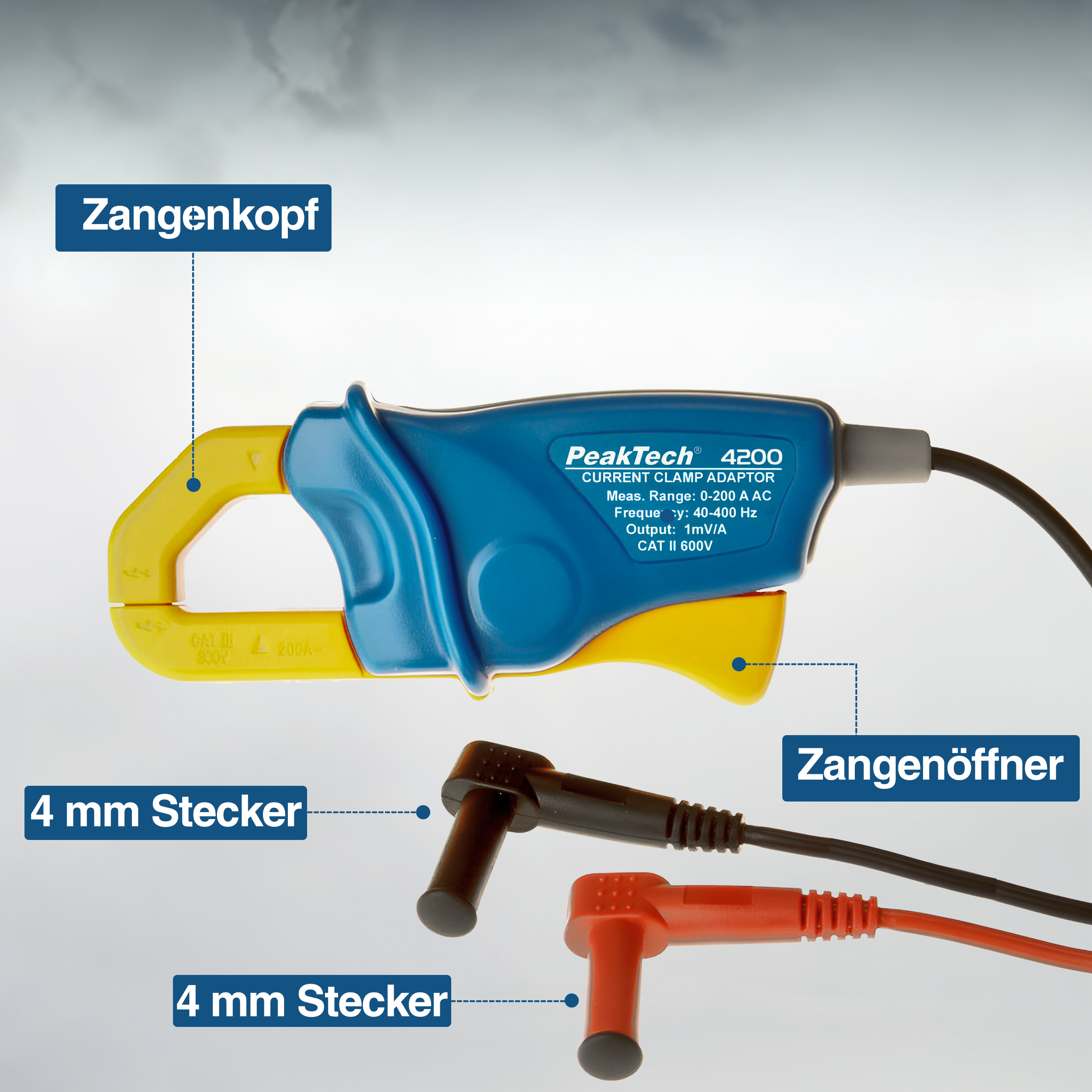 «PeakTech® P 4200» Current Clamp Adapter 200 A AC, with 4mm Plugs