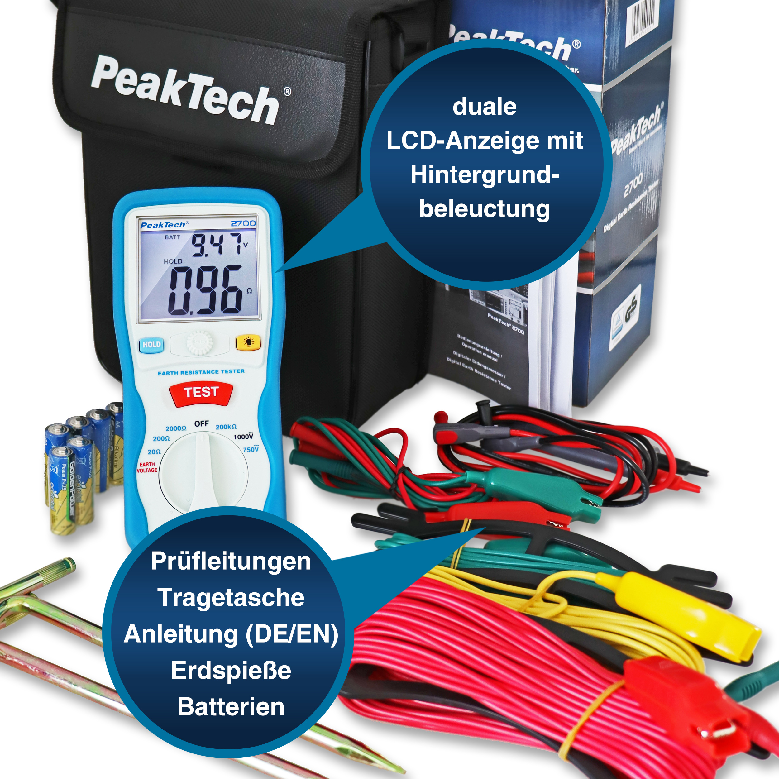 «PeakTech® P 2700» Digitales Erdungsmessgerät, 0-2000Ω, CAT III 1000V