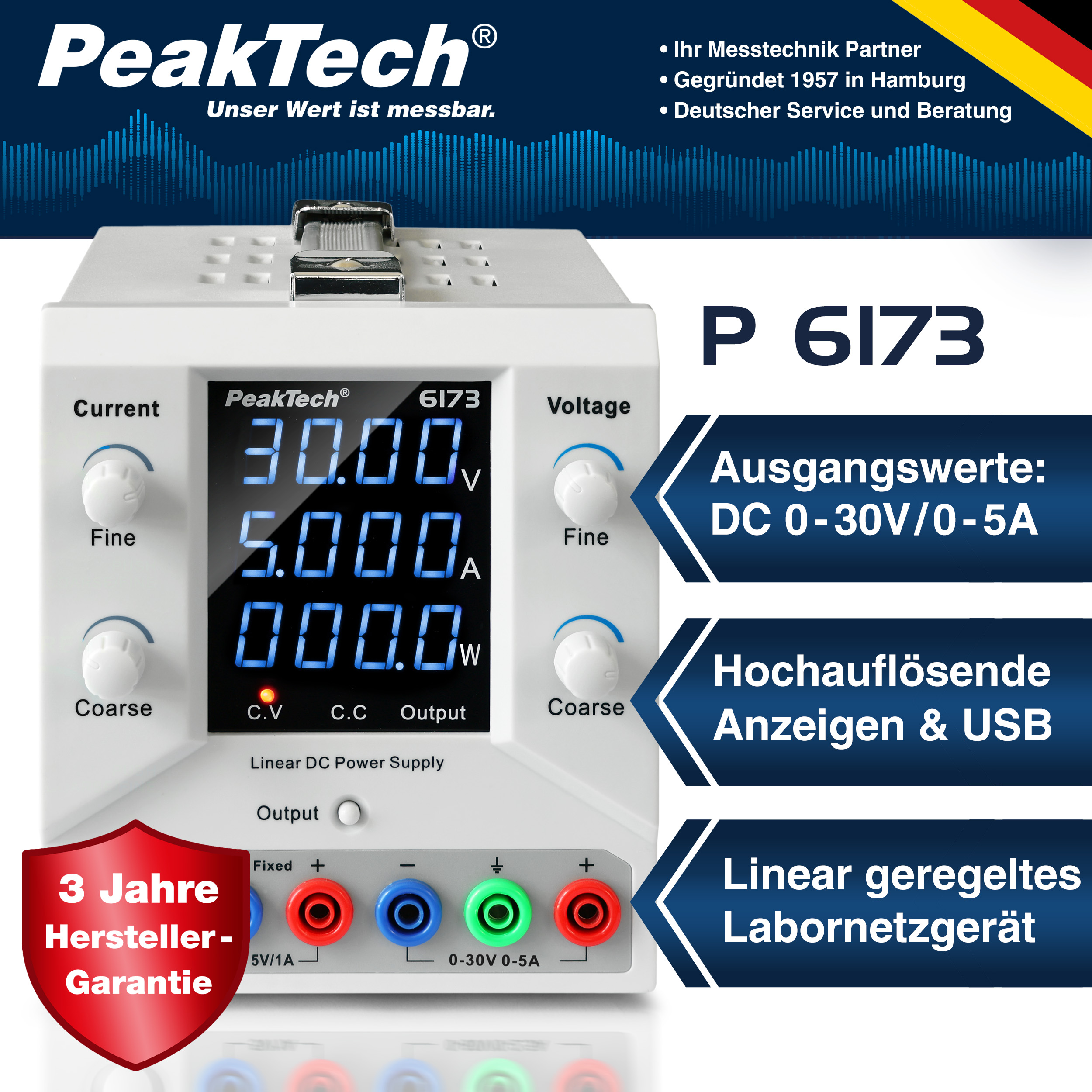 «PeakTech® P 6173» Digital Labornetzgerät 0-30 V / 0-5 A DC & USB