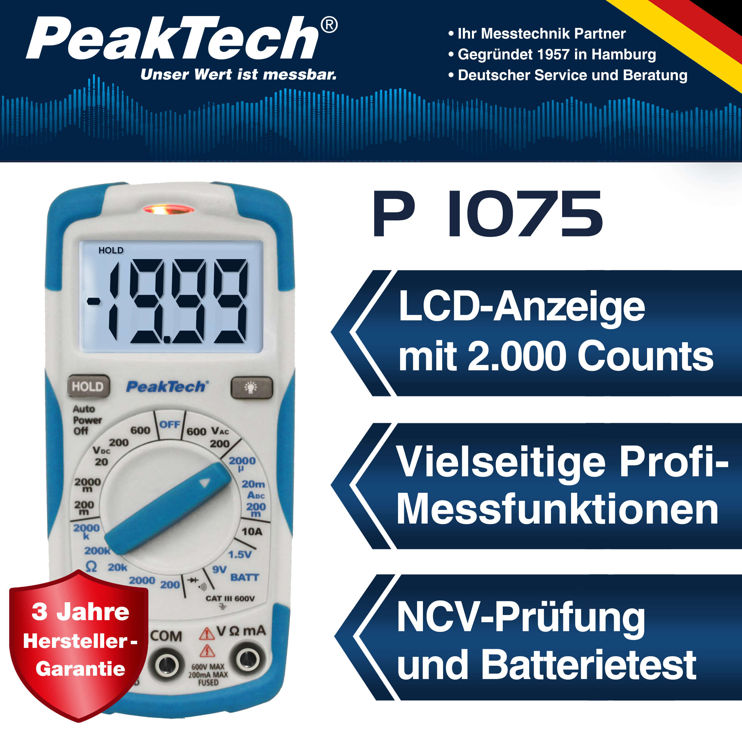 «PeakTech® P 1075» 600V AC / DC digital multimeter ~ 2000 digit LCD