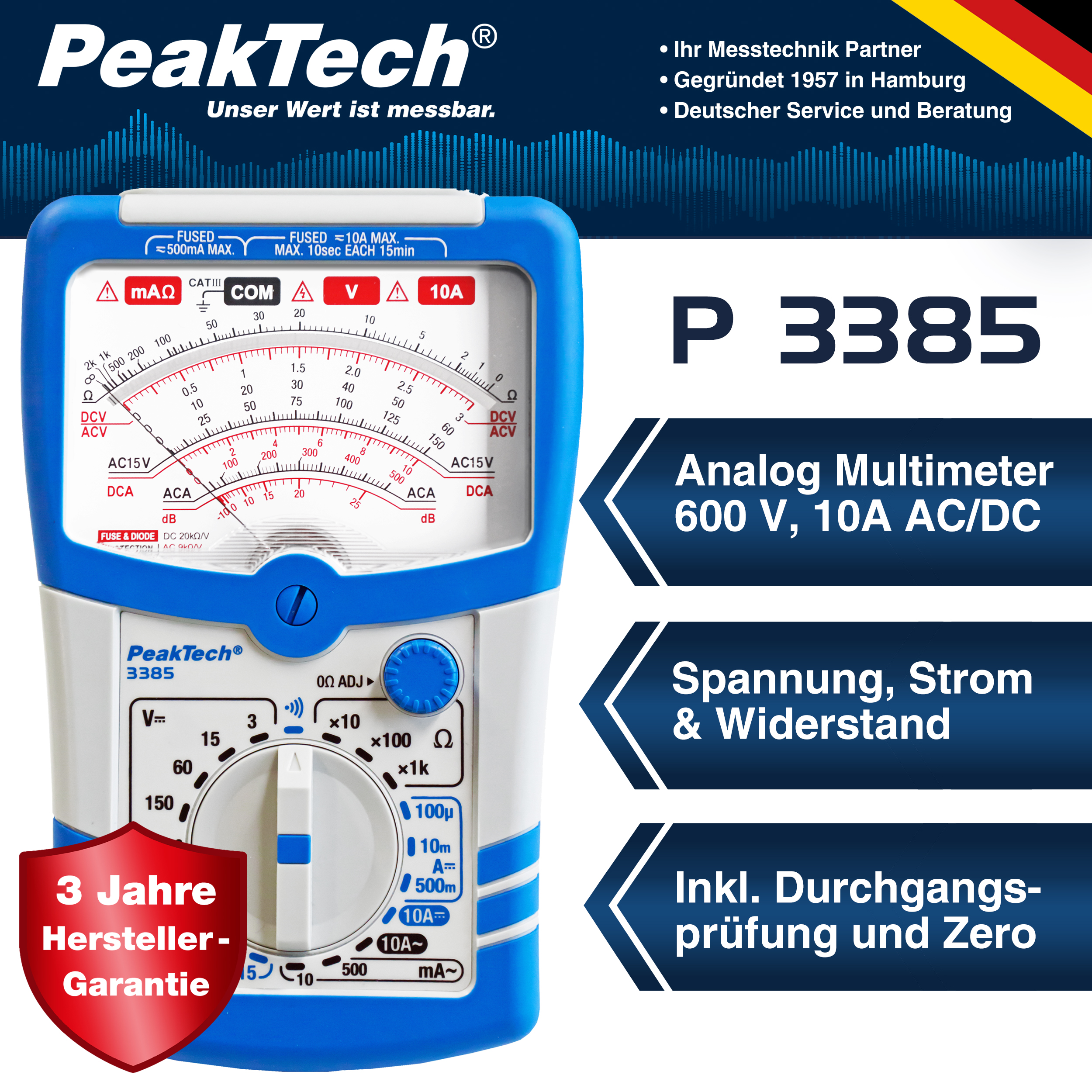 «PeakTech® P 3385» Analog multimeter, 600V AC/DC, 10A AC/DC, CAT III