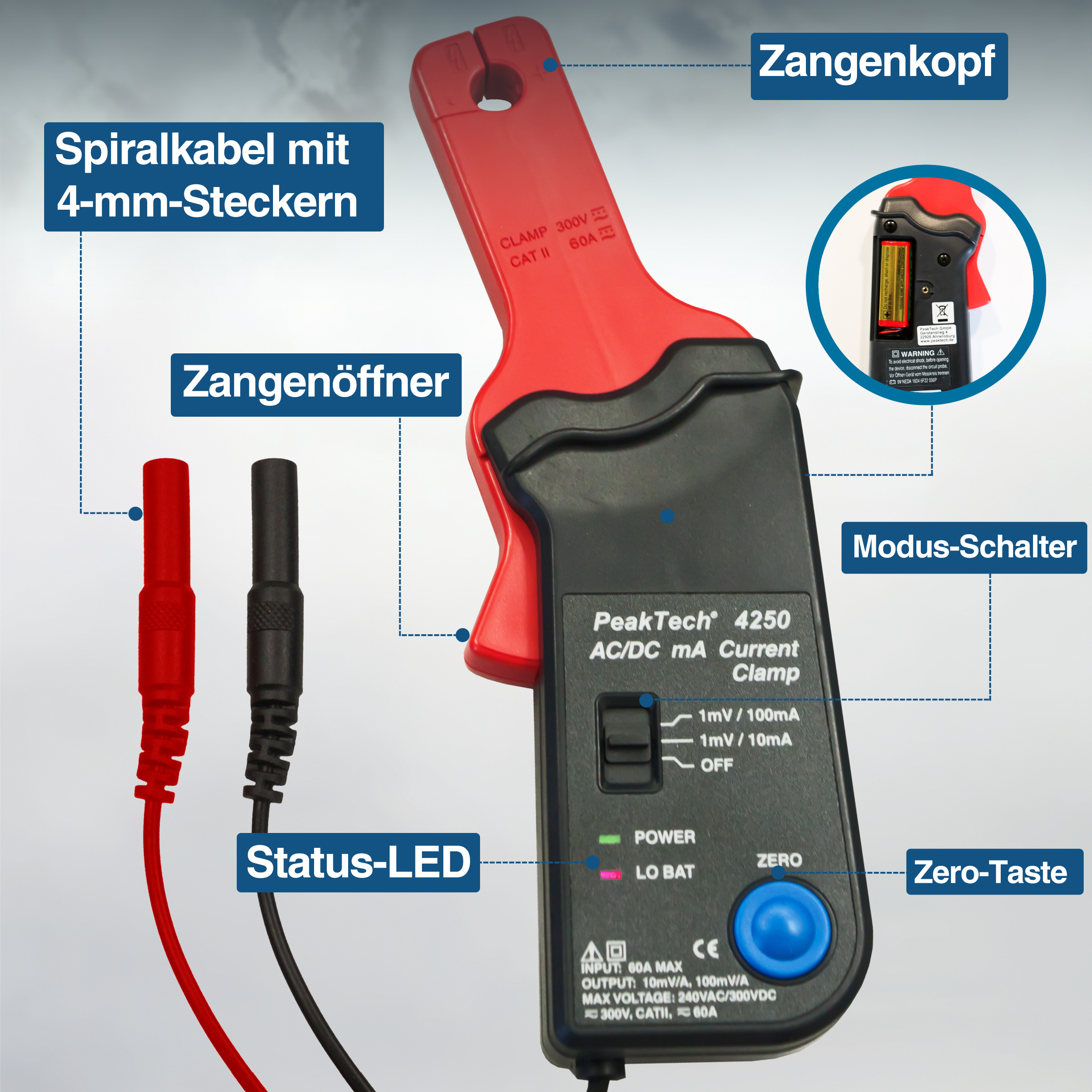 «PeakTech® P 4250» Current Clamp Adapter 60 A AC/DC, with 4mm Plugs