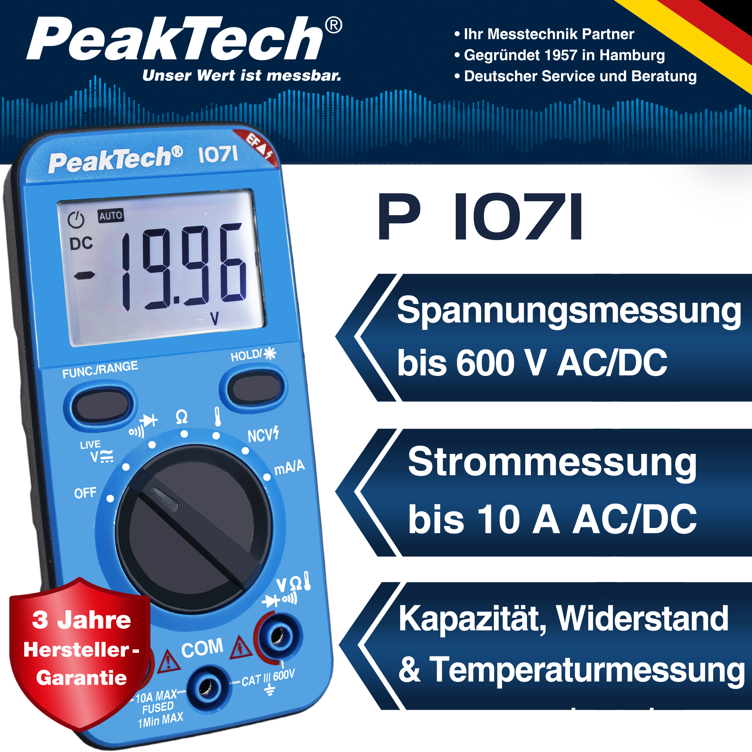 «PeakTech® P 1071» 600V AC/DC Digitalmultimeter mit NCV und Live-Test