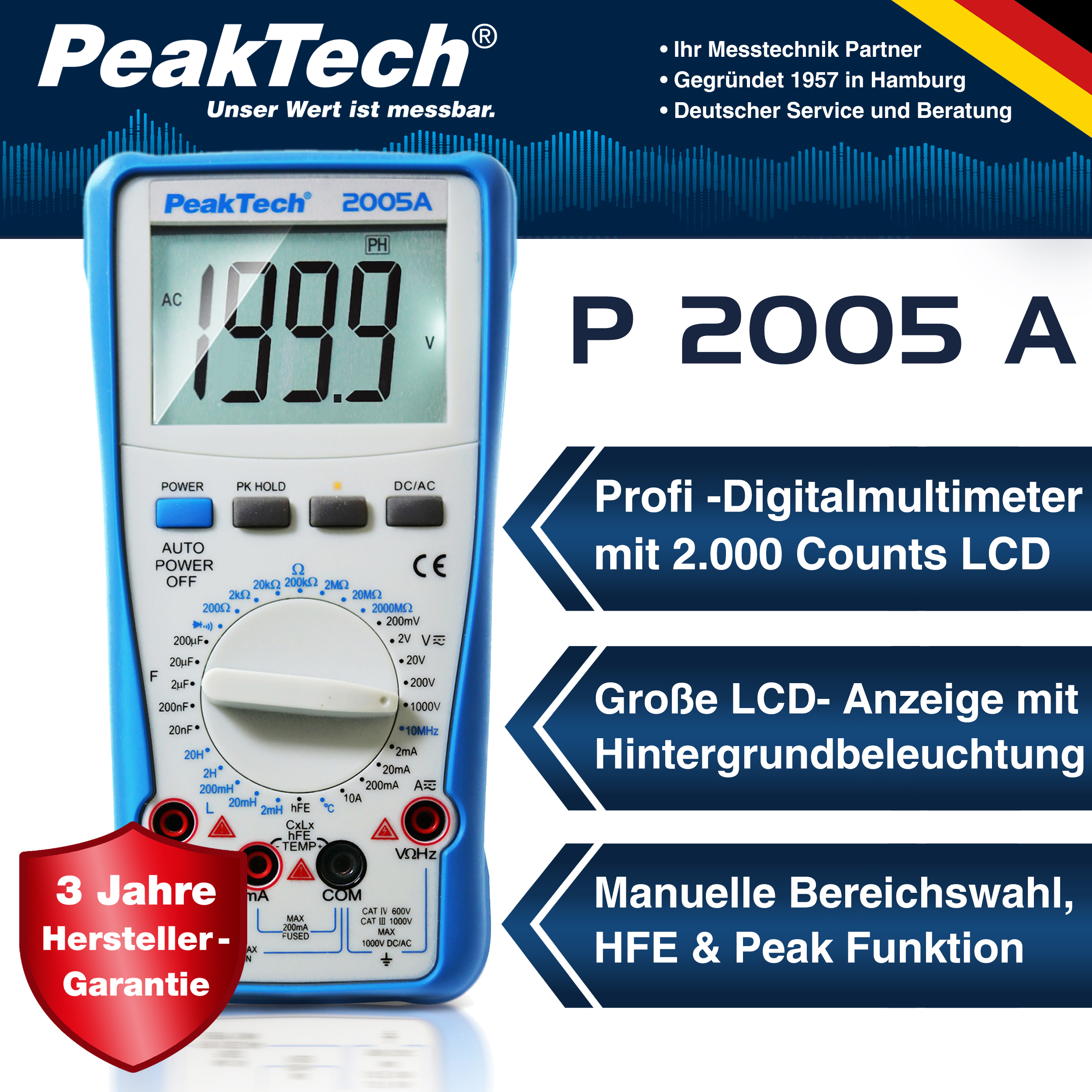 «PeakTech® P 2005 A» Multimetr cyfrowy 1000 V 2000 zliczeń