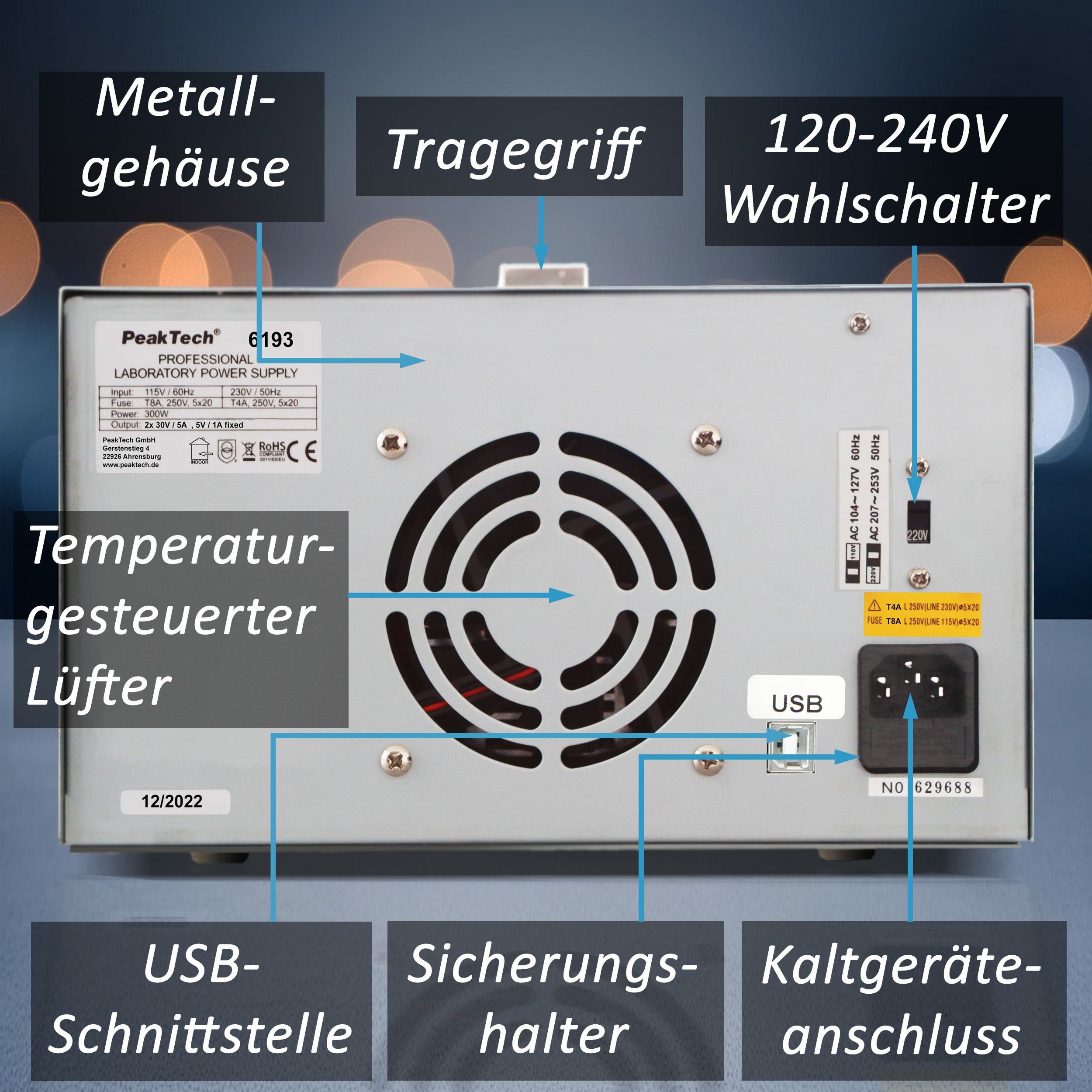 «PeakTech® P 6193» Digital Labornetzgerät 2x 0-30 V / 0-5 A DC & USB