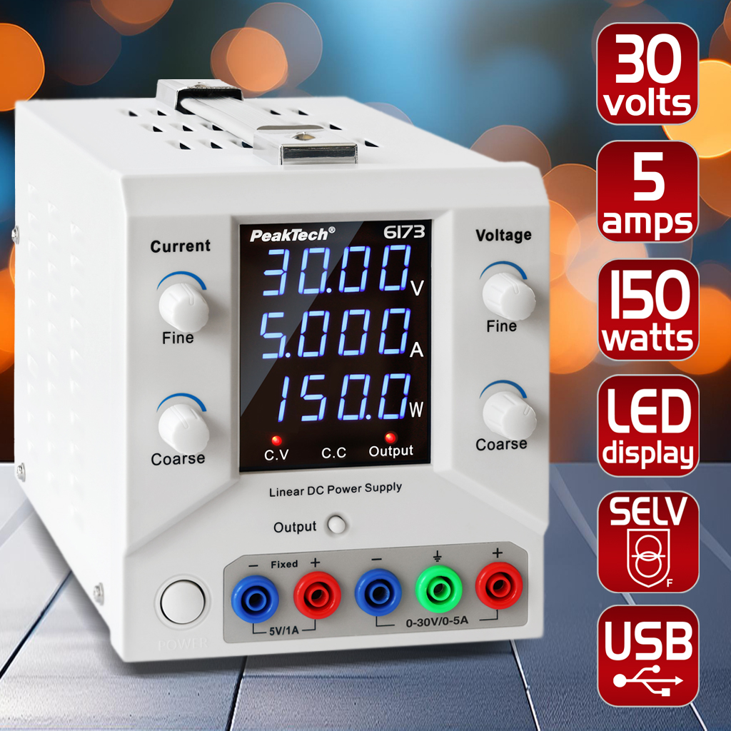 «PeakTech® P 6173» Laboratory power supply 0-30 V / 0-5 A DC & USB