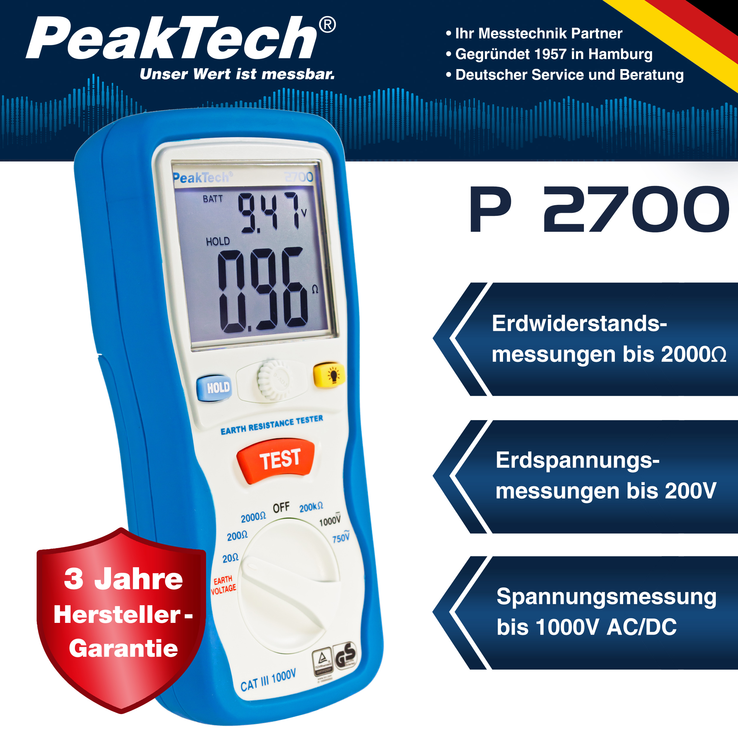 «PeakTech® P 2700» Testeur de terre numérique, 0-2000Ω, CAT III 1000V