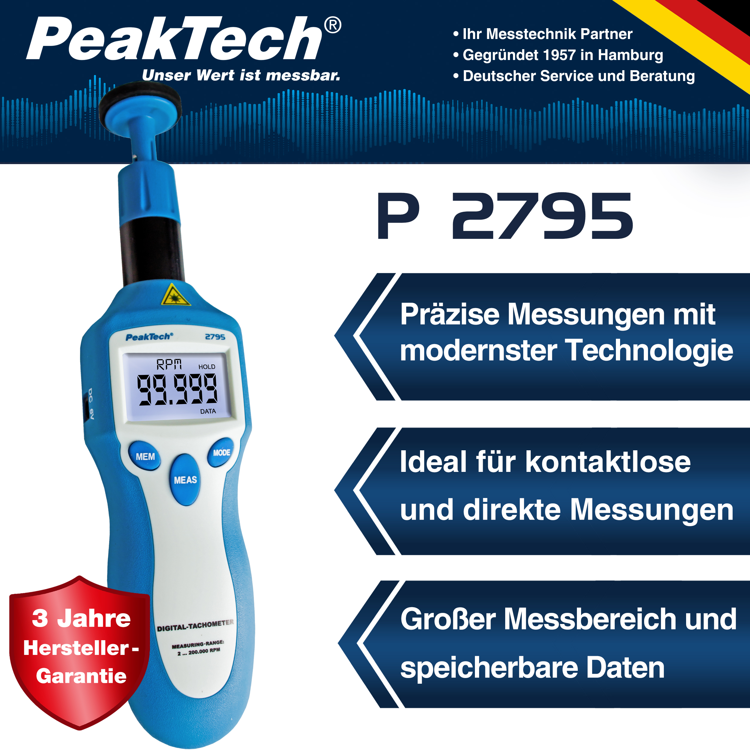 «PeakTech® P 2795» Tachometer photo-contact type with laser