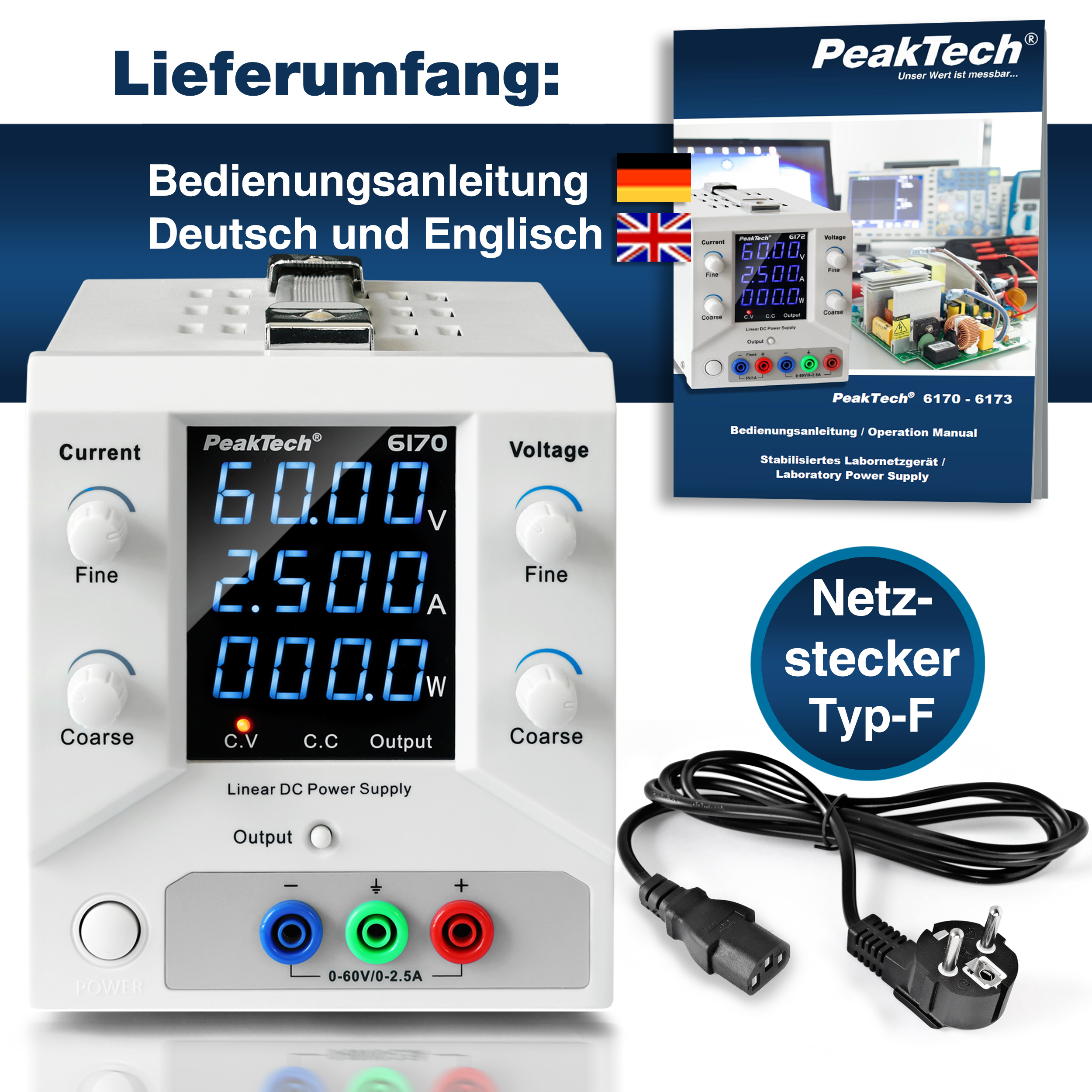 «PeakTech® P 6170» Laboratory power supply 0-60 V / 0-2,5 A DC