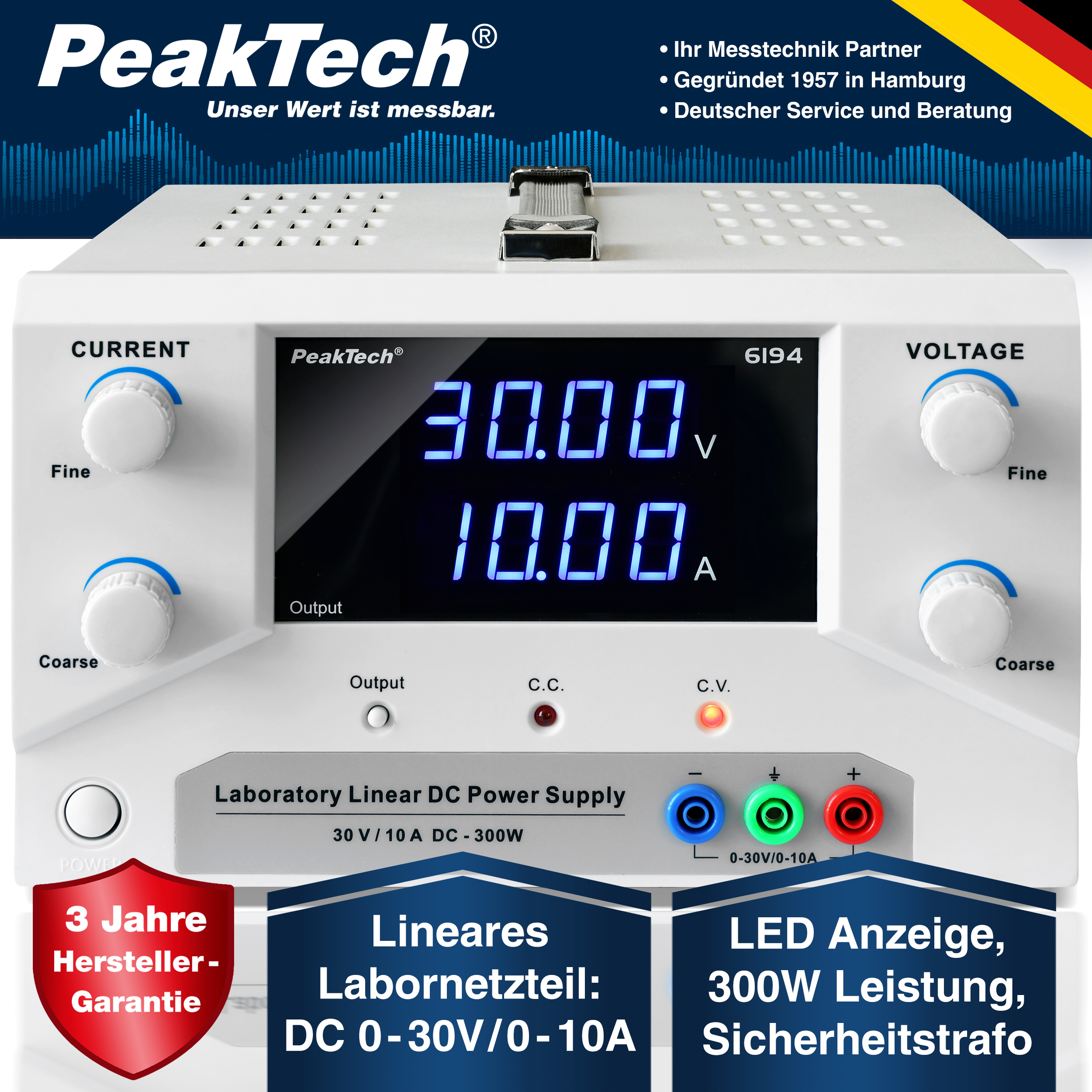 «PeakTech® P 6194» Digital Labornetzgerät 0-30 V / 0-10 A DC