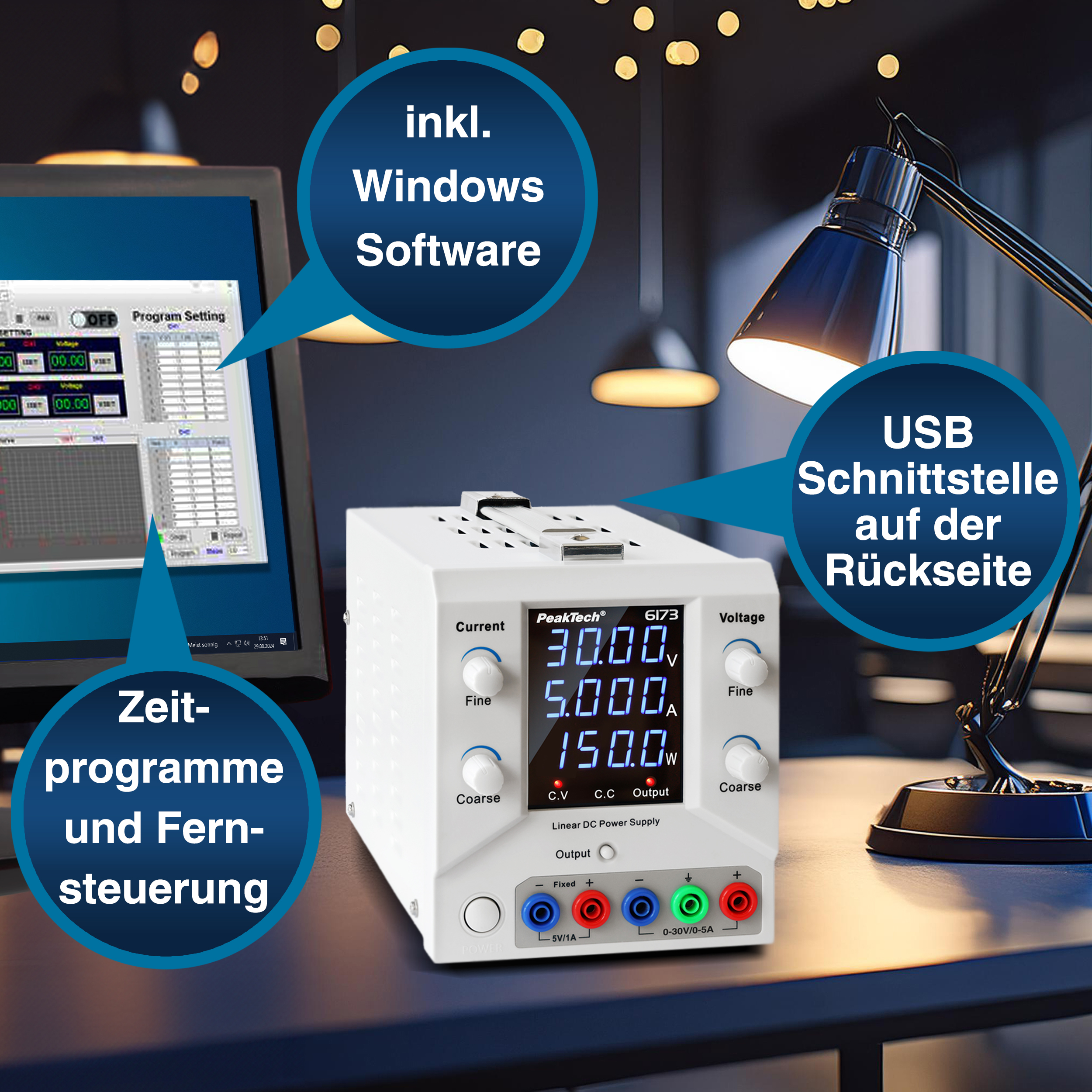 «PeakTech® P 6173» Digital Labornetzgerät 0-30 V / 0-5 A DC & USB