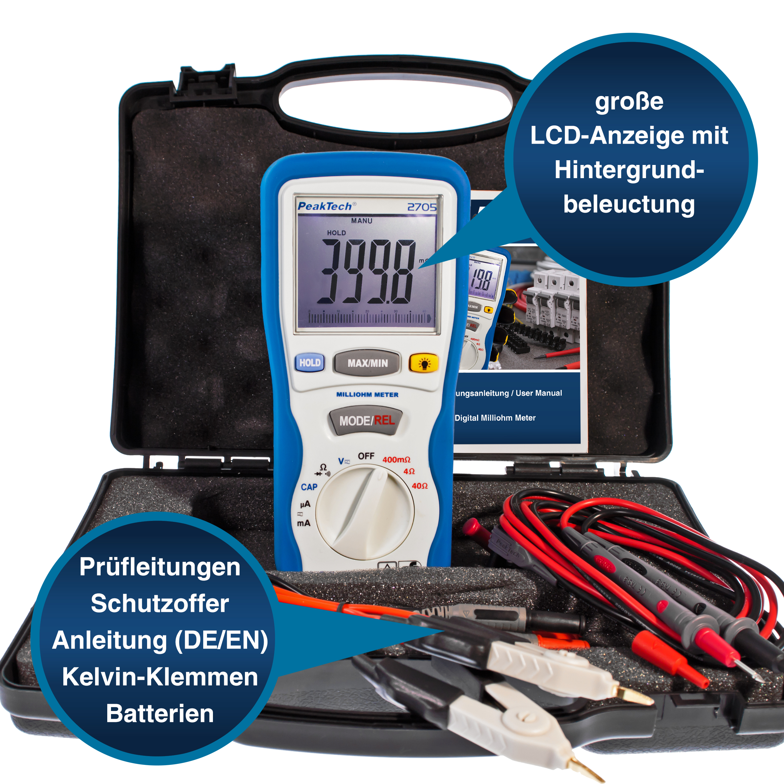 «PeakTech® P 2705» Digital milliohmmeter, 4,000 counts, 400 mΩ/4/40/Ω