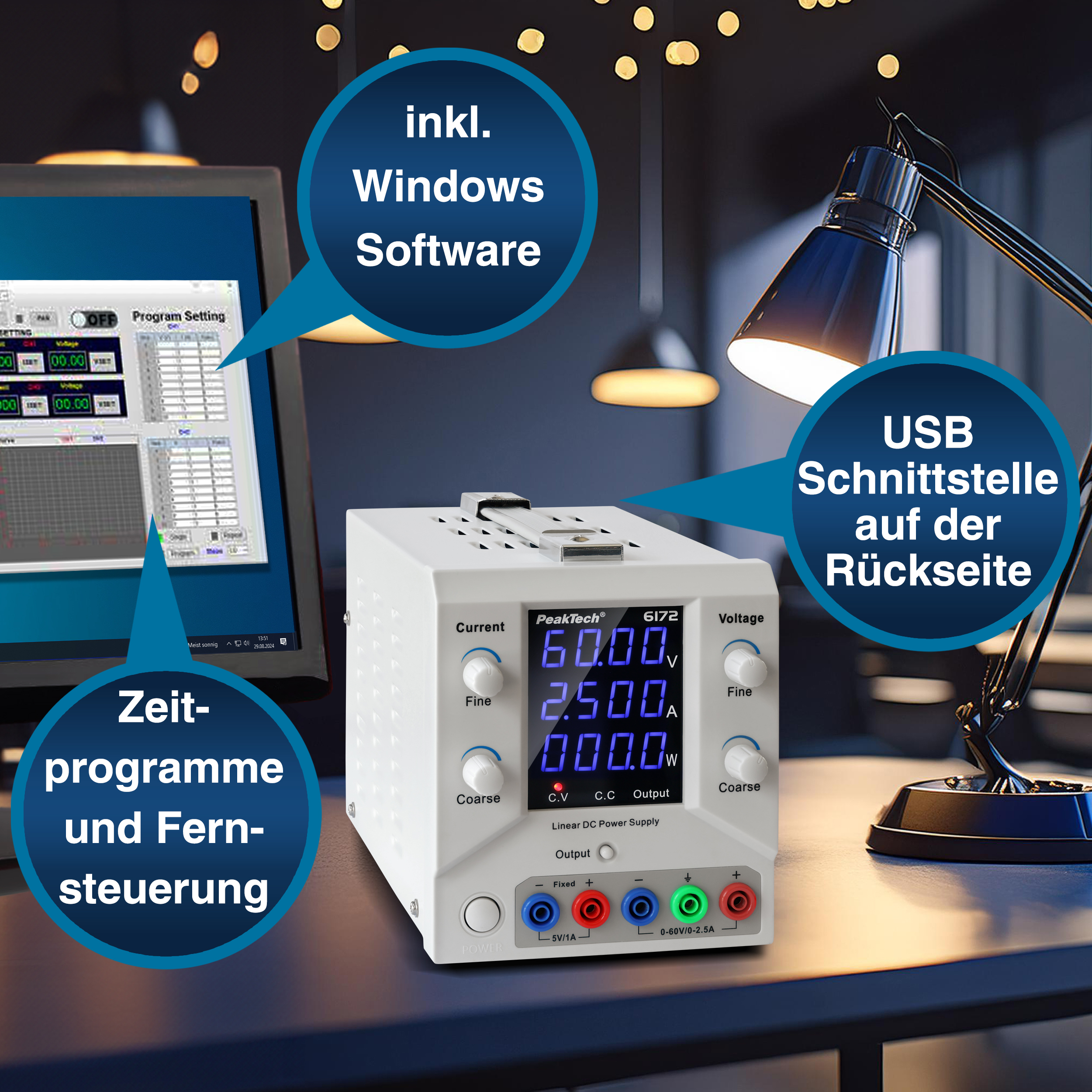 «PeakTech® P 6172» Digital Labornetzgerät 0-60 V / 0-2,5 A DC & USB