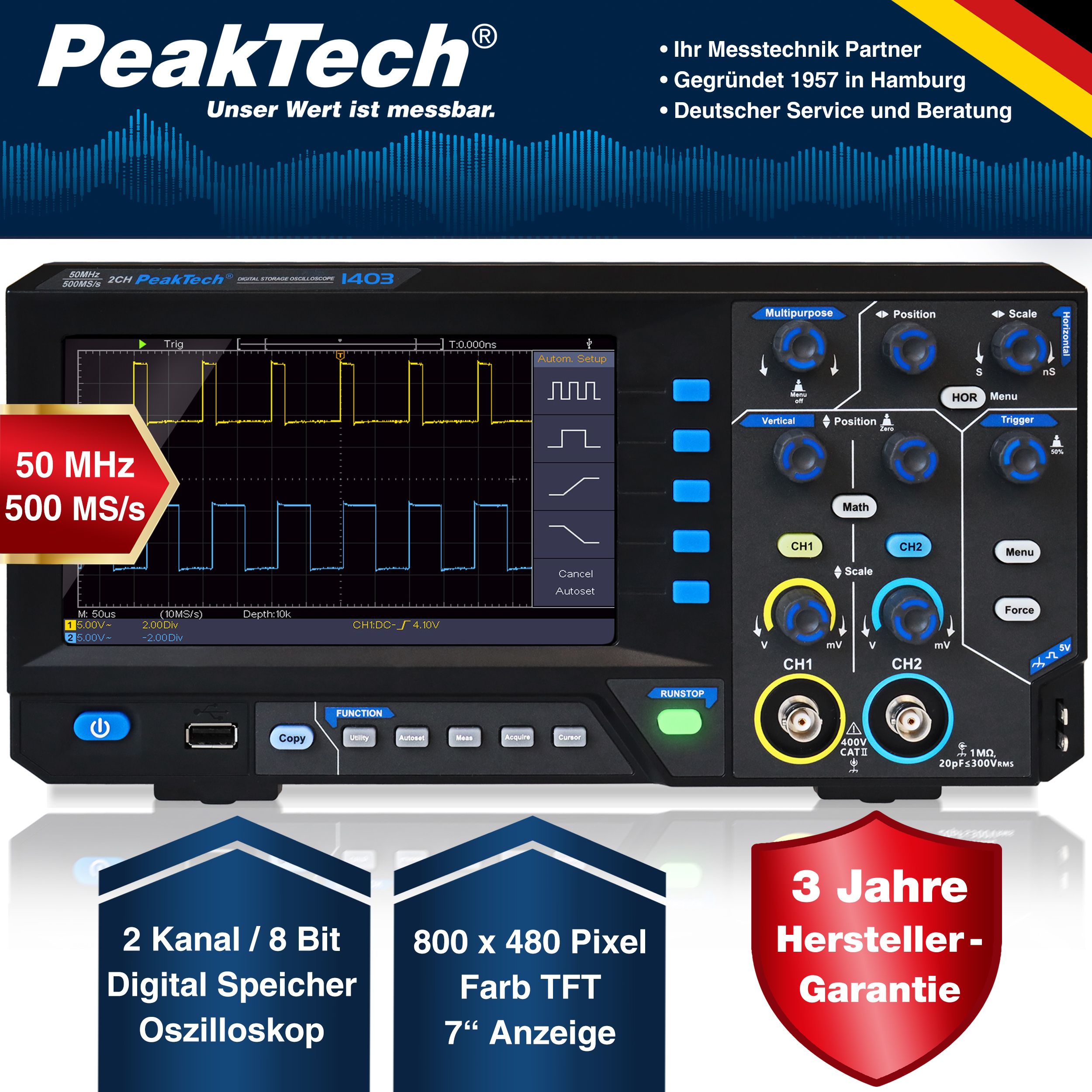 «PeakTech® P 1403» 50 MHz / 2CH, 500 MS/s Oscilloscope à mémoire