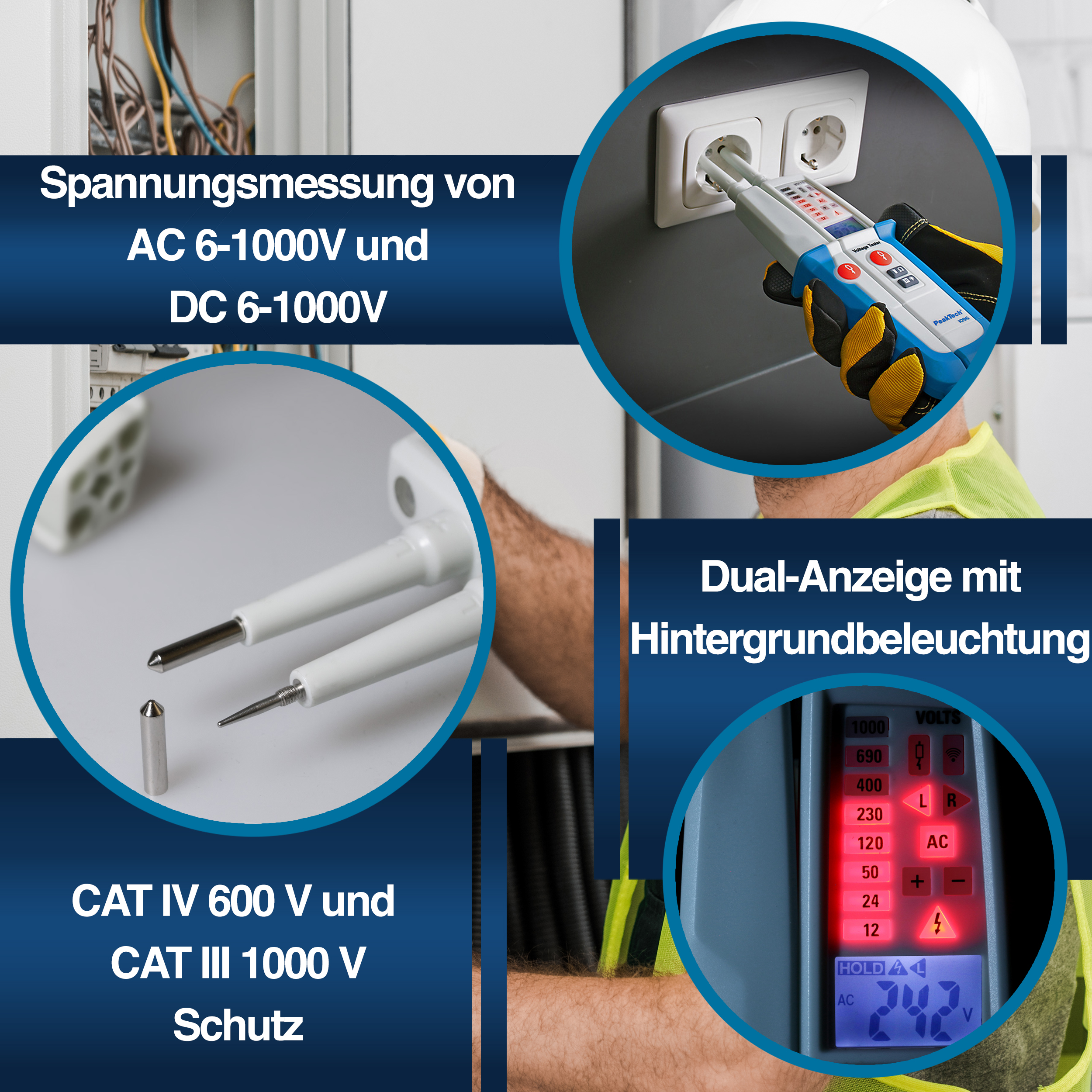 «PeakTech® P 1096» Tester napięcia AC/DC z testem RCD