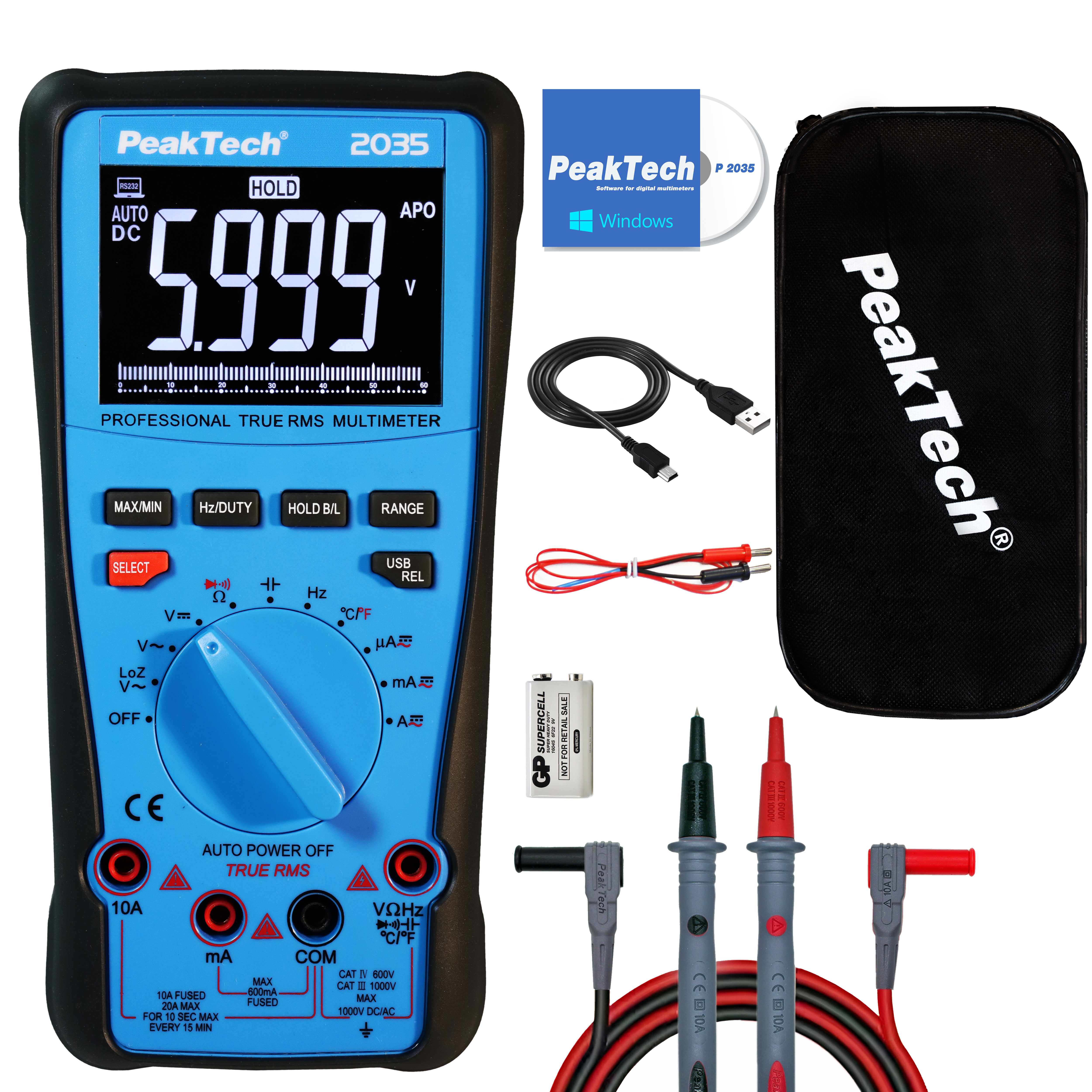 «PeakTech® P 2035» True RMS 1000V Digital Multimeter 6000 Counts, USB