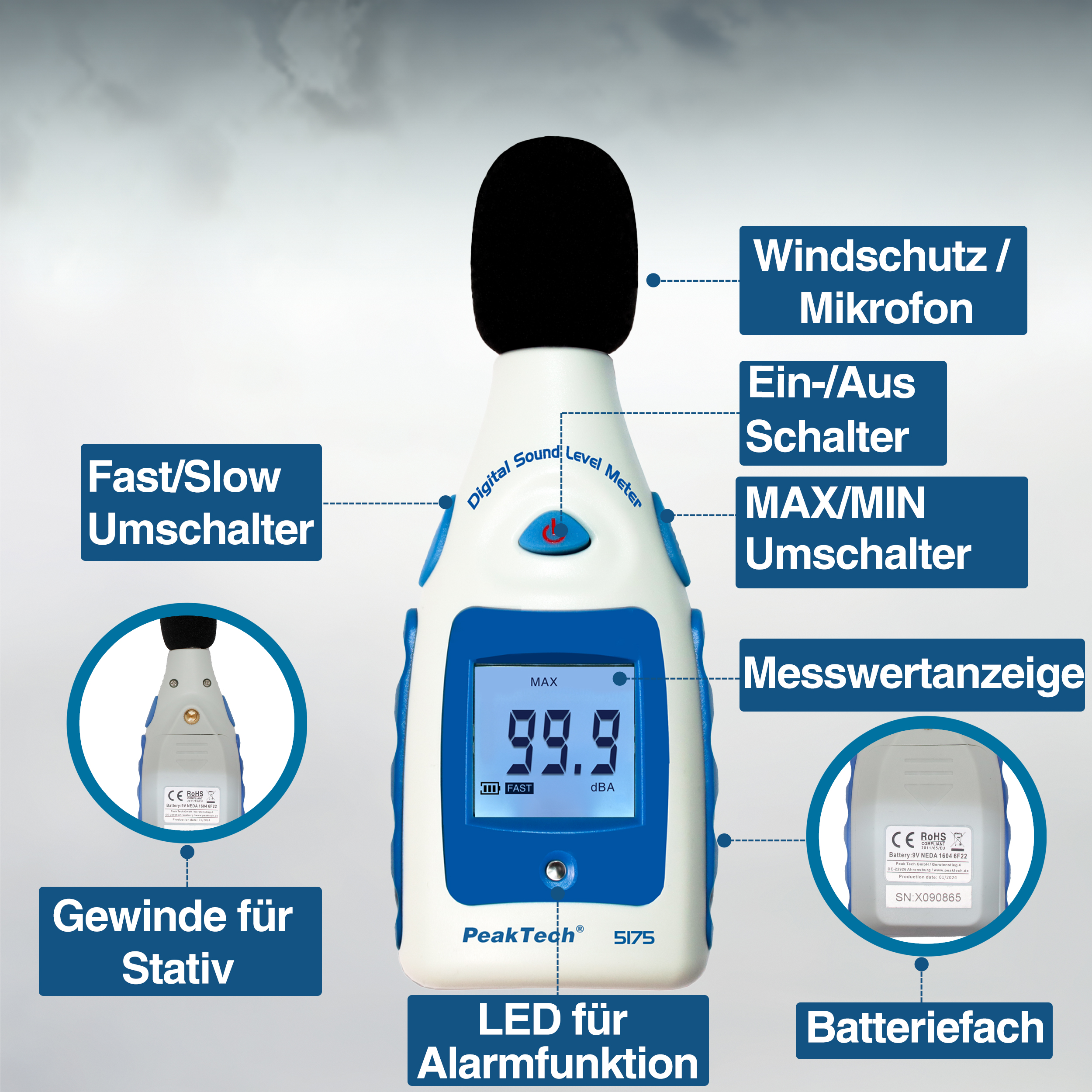«PeakTech® P 5175» Miernik poziomu dźwięku, 40...130 dBA