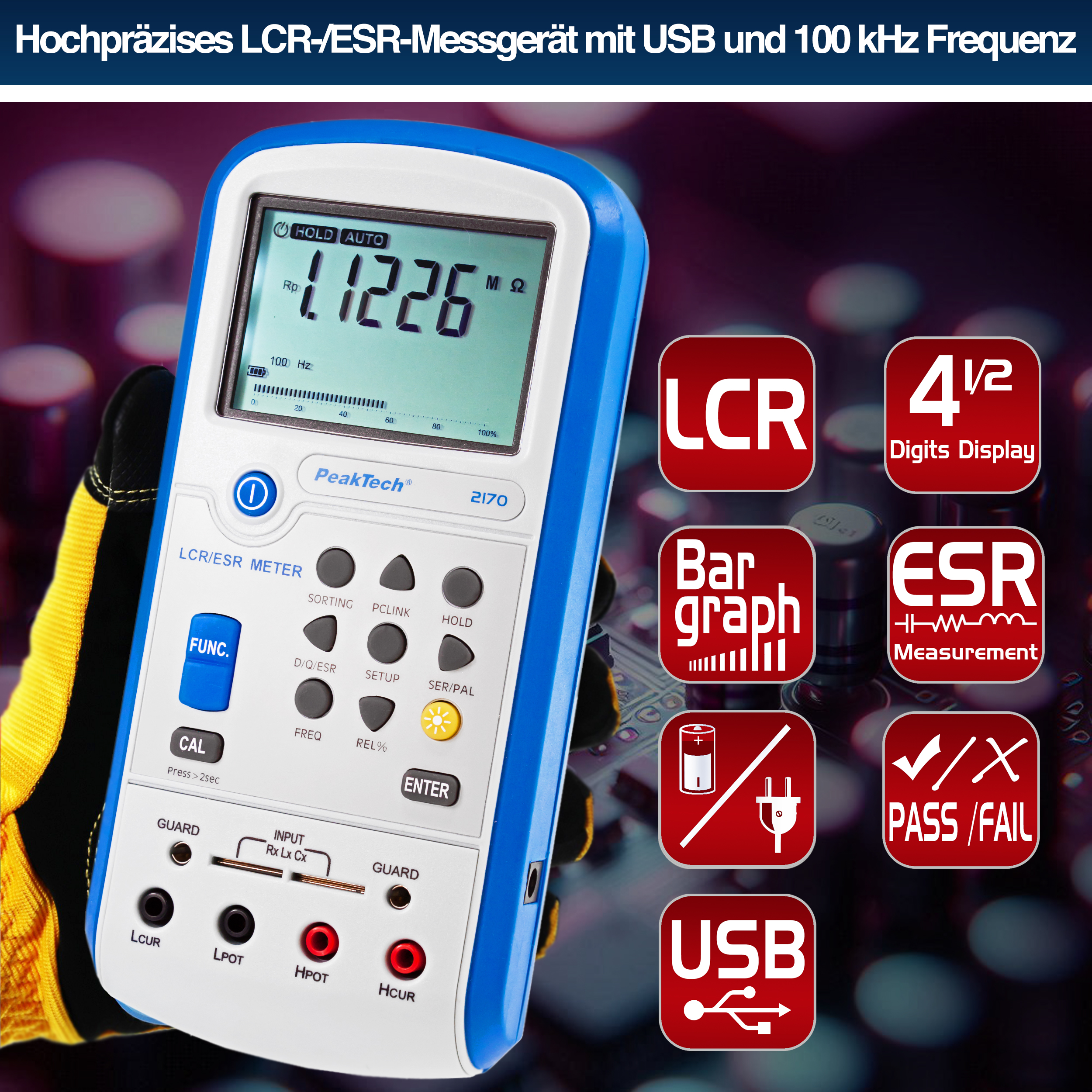 «PeakTech® P 2170» LCR-/ESR-Meter, 100 Hz - 100 kHz, with USB