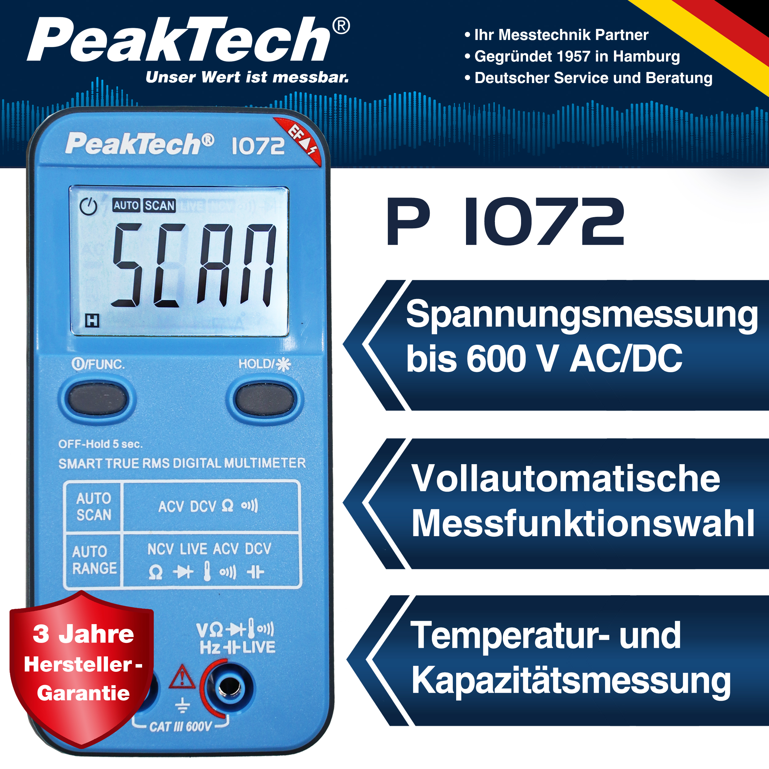 «PeakTech® P 1072» 600V AC/DC Smart-Multimeter mit NCV und Live-Test