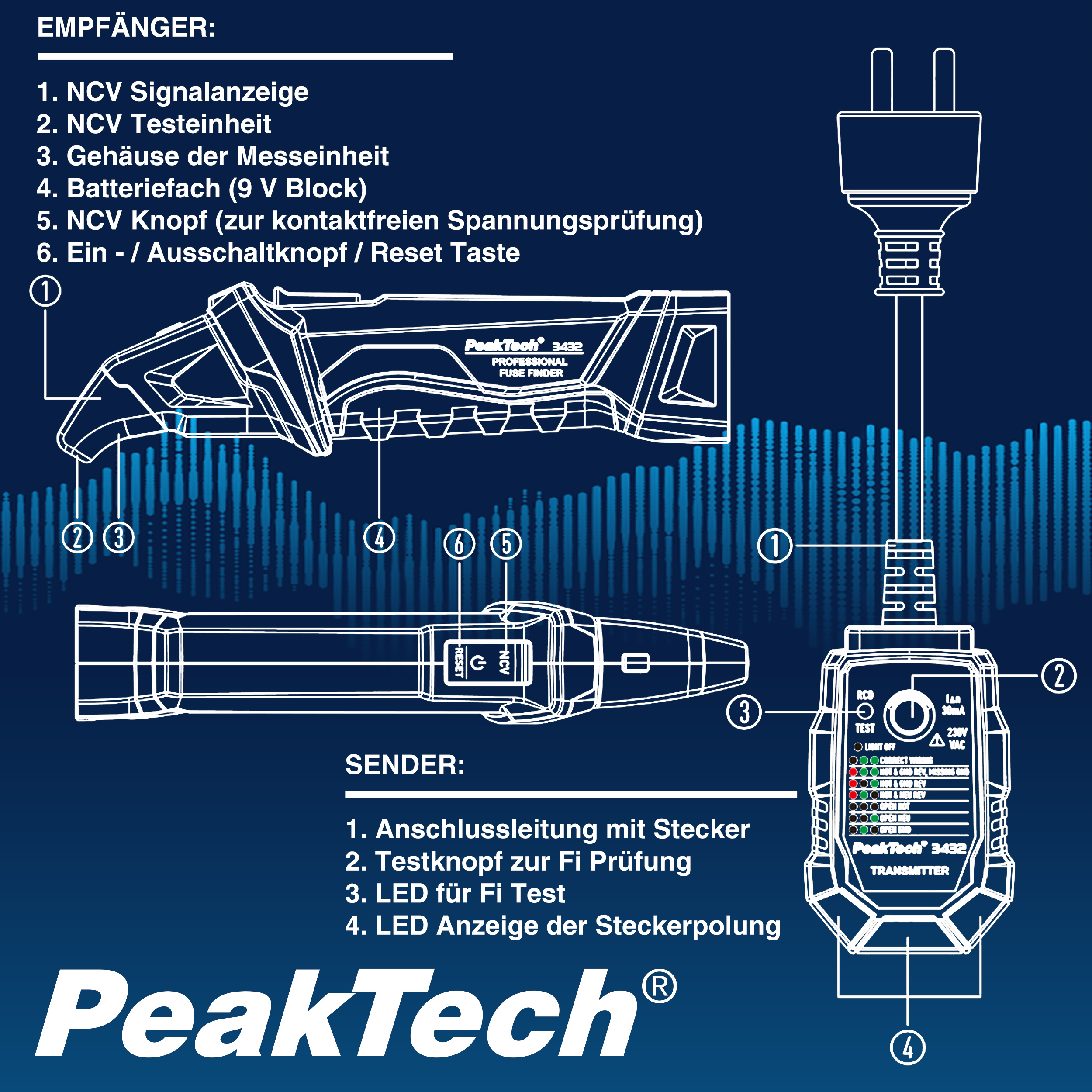 «PeakTech® P 3432» Fuse finder with RCD tester