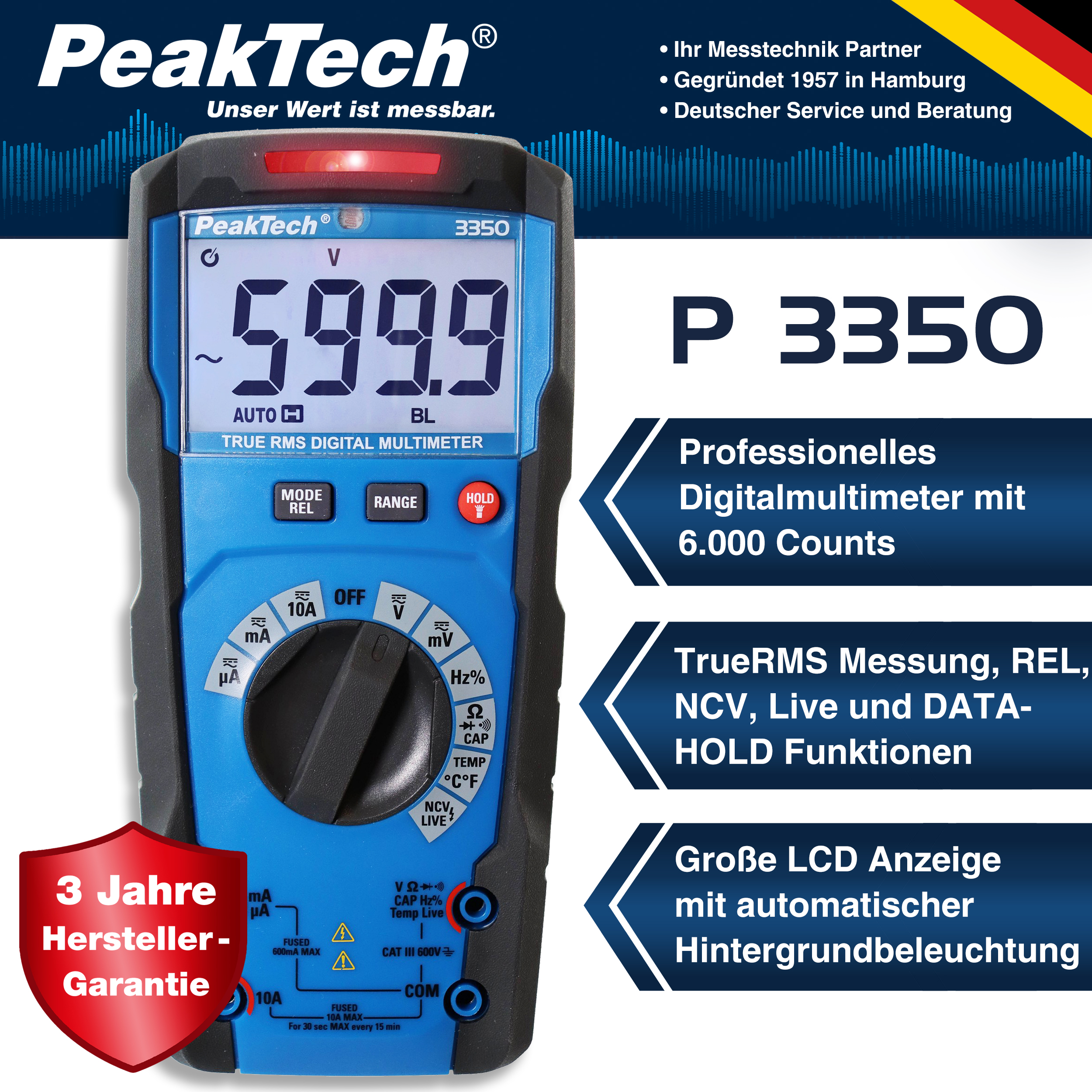 «PeakTech® P 3350» TrueRMS digital multimeter 6000 Counts, Auto Range