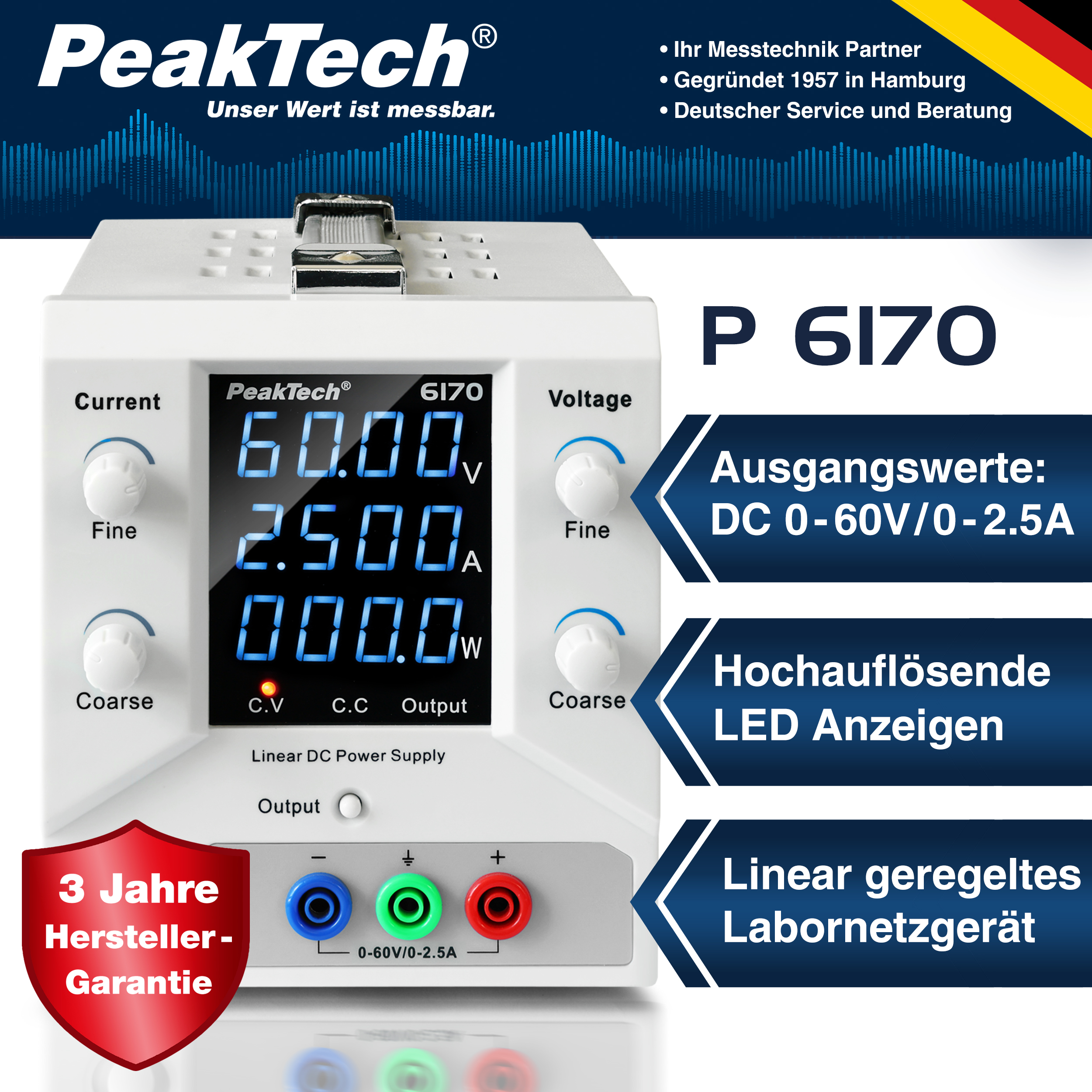 «PeakTech® P 6170» Digital Labornetzgerät 0-60 V / 0-2,5 A DC