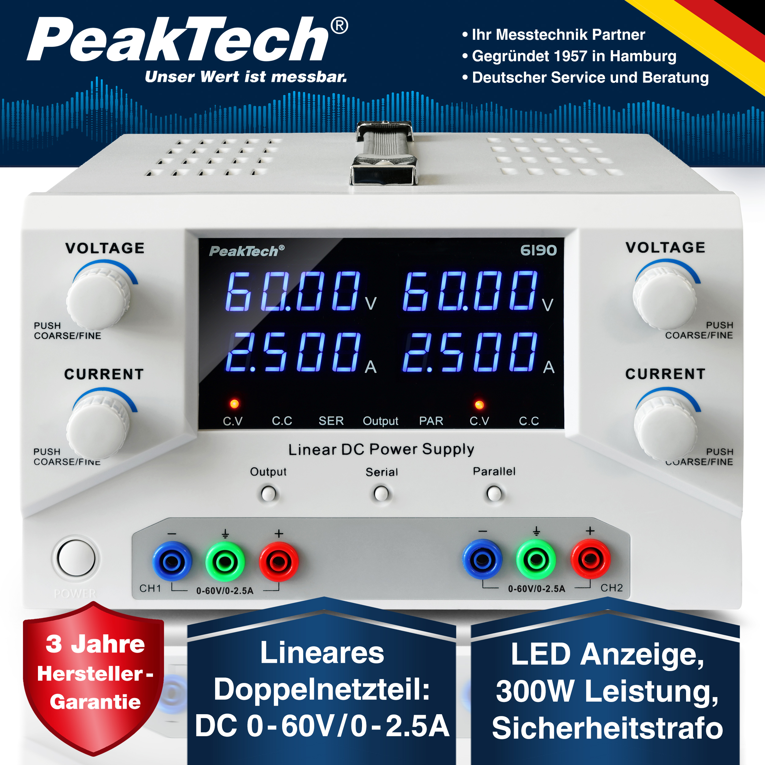 «PeakTech® P 6190» Lab power supply 2x 0-60 V / 0-2,5 A DC & USB