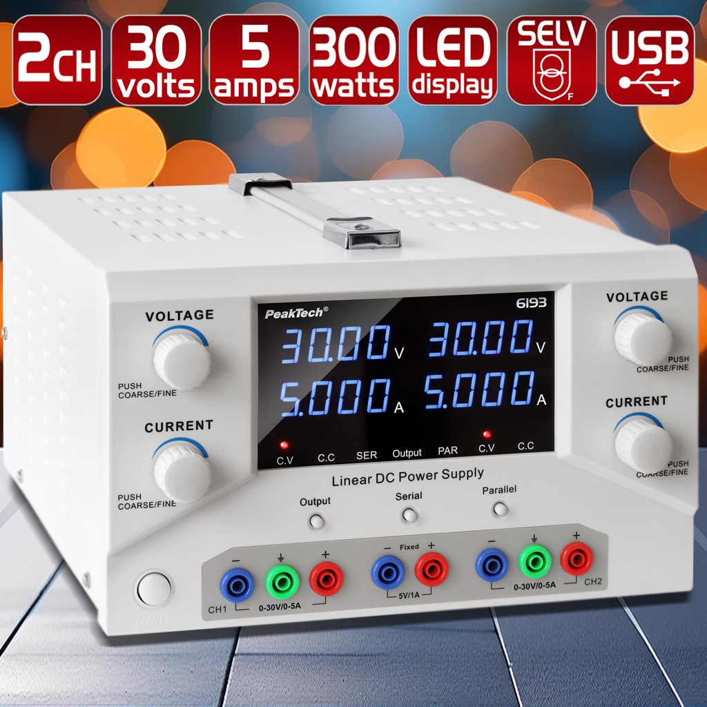 «PeakTech® P 6193» Laboratory power supply 0-30 V / 0-5 A DC & USB