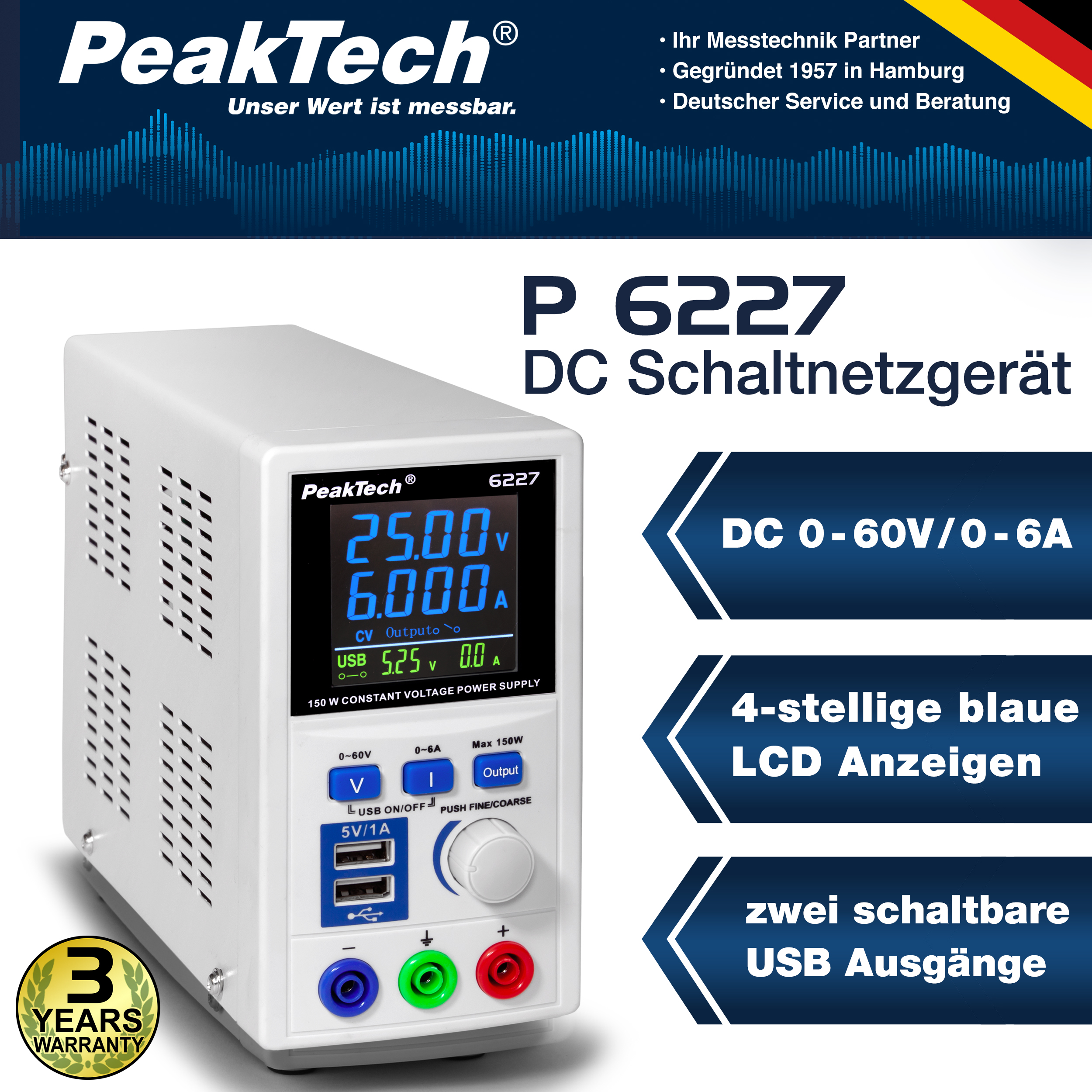 «PeakTech® P 6227» DC power supply 0-60 V / 0-6 A with 2 x USB