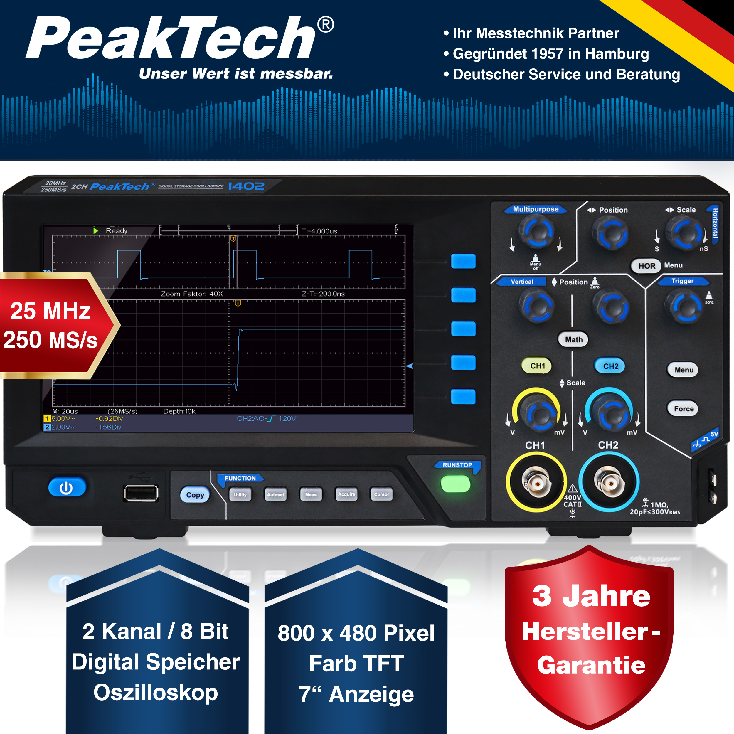 «PeakTech® P 1402» 20 MHz / 2CH, 250 MS/s Oscilloscope à mémoire