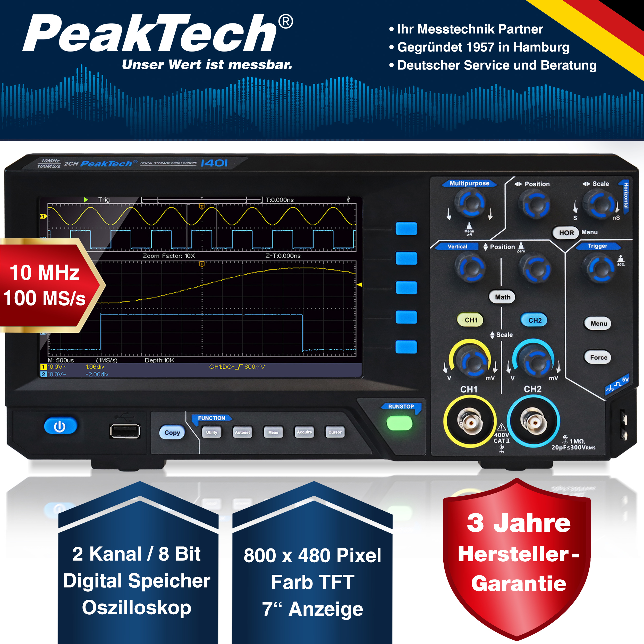 «PeakTech® P 1401» 10 MHz / 2CH, 100 MS/s Oscilloscope à mémoire