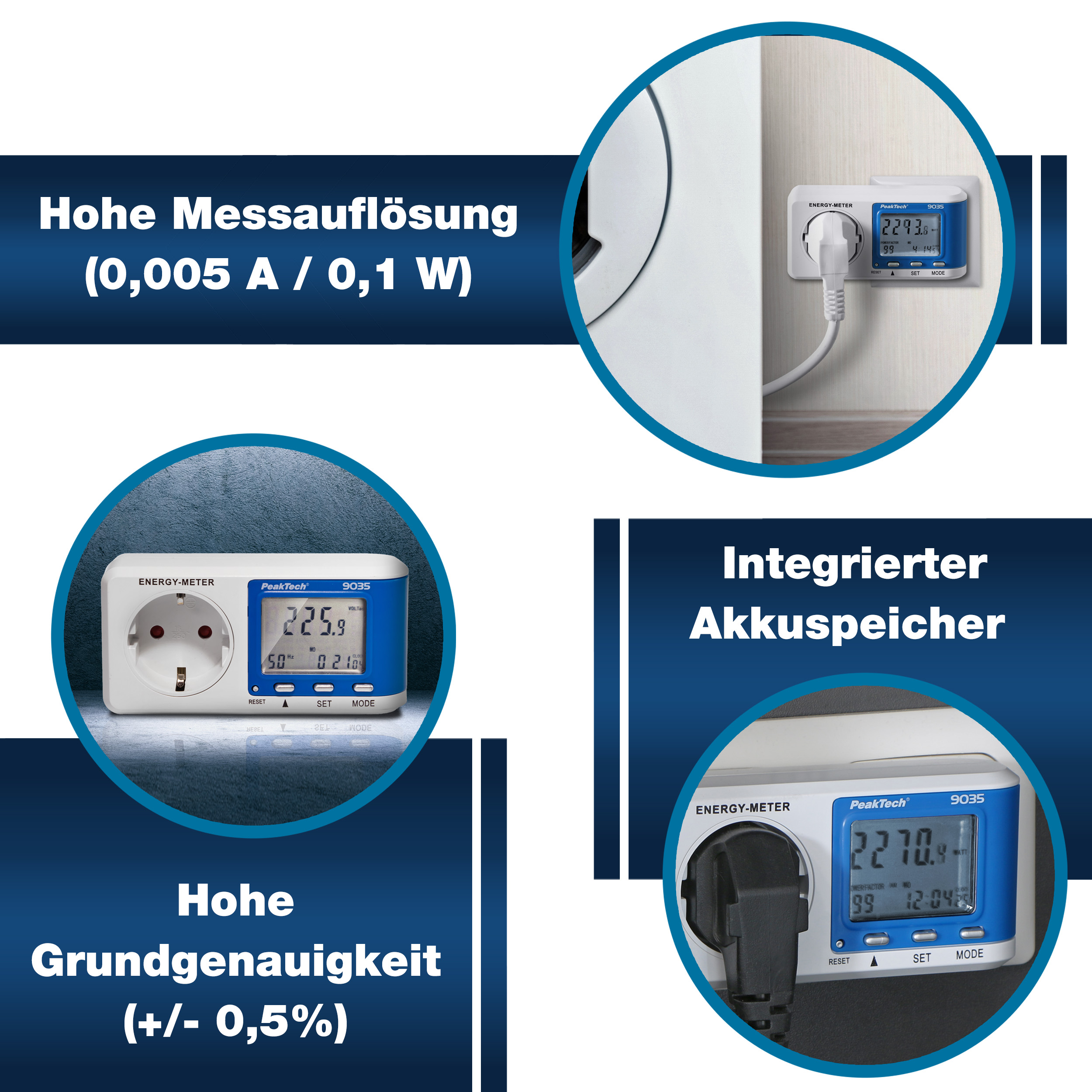 «PeakTech® P 9035» Energy meter ~ 0.005 A ... 16,000 A ~ 3680W ~ 0.1W resolution