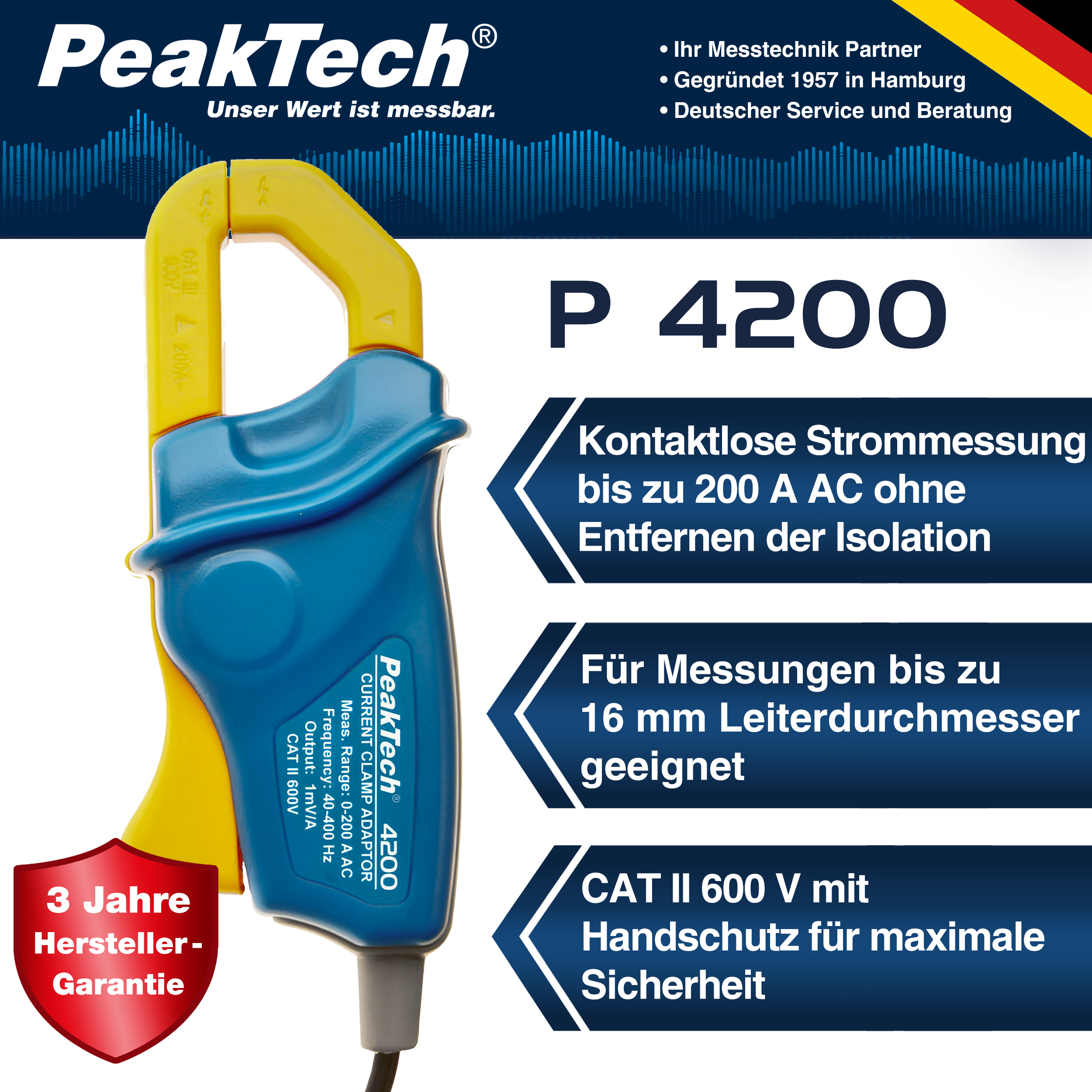 «PeakTech® P 4200» Current Clamp Adapter 200 A AC, with 4mm Plugs