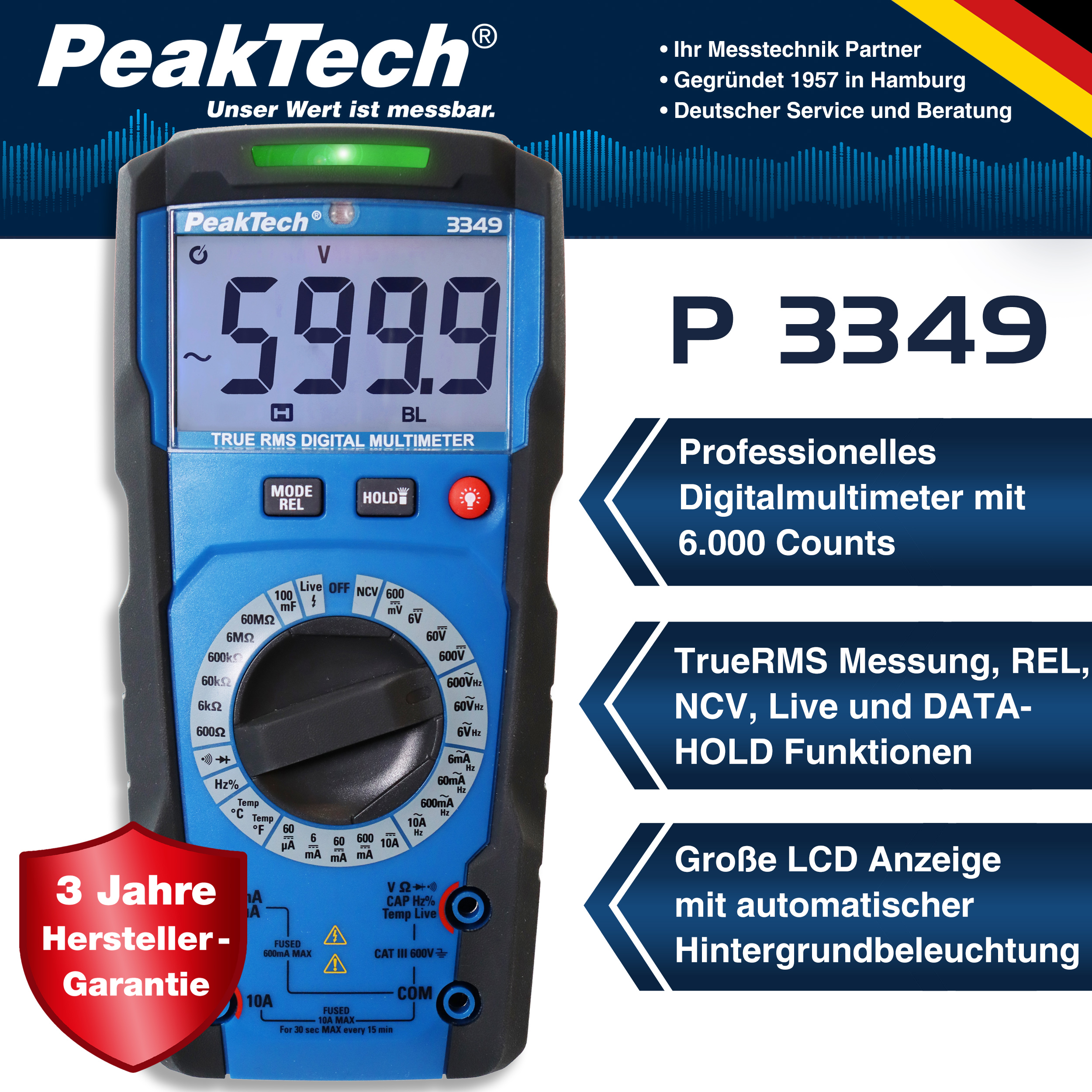 «PeakTech® P 3349» TrueRMS digital multimeter 6000 Counts, Man. Range