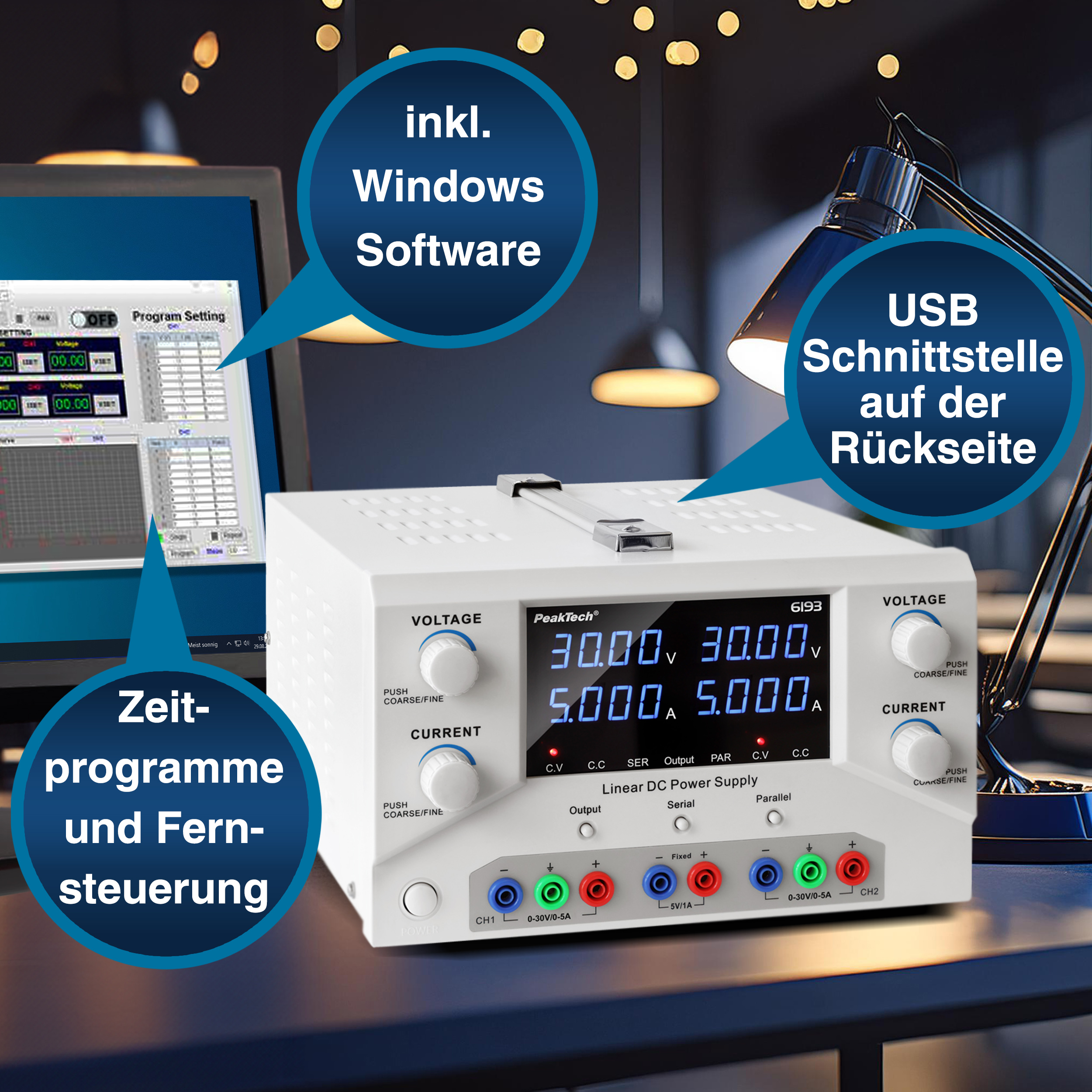 «PeakTech® P 6193» Digital Labornetzgerät 2x 0-30 V / 0-5 A DC & USB