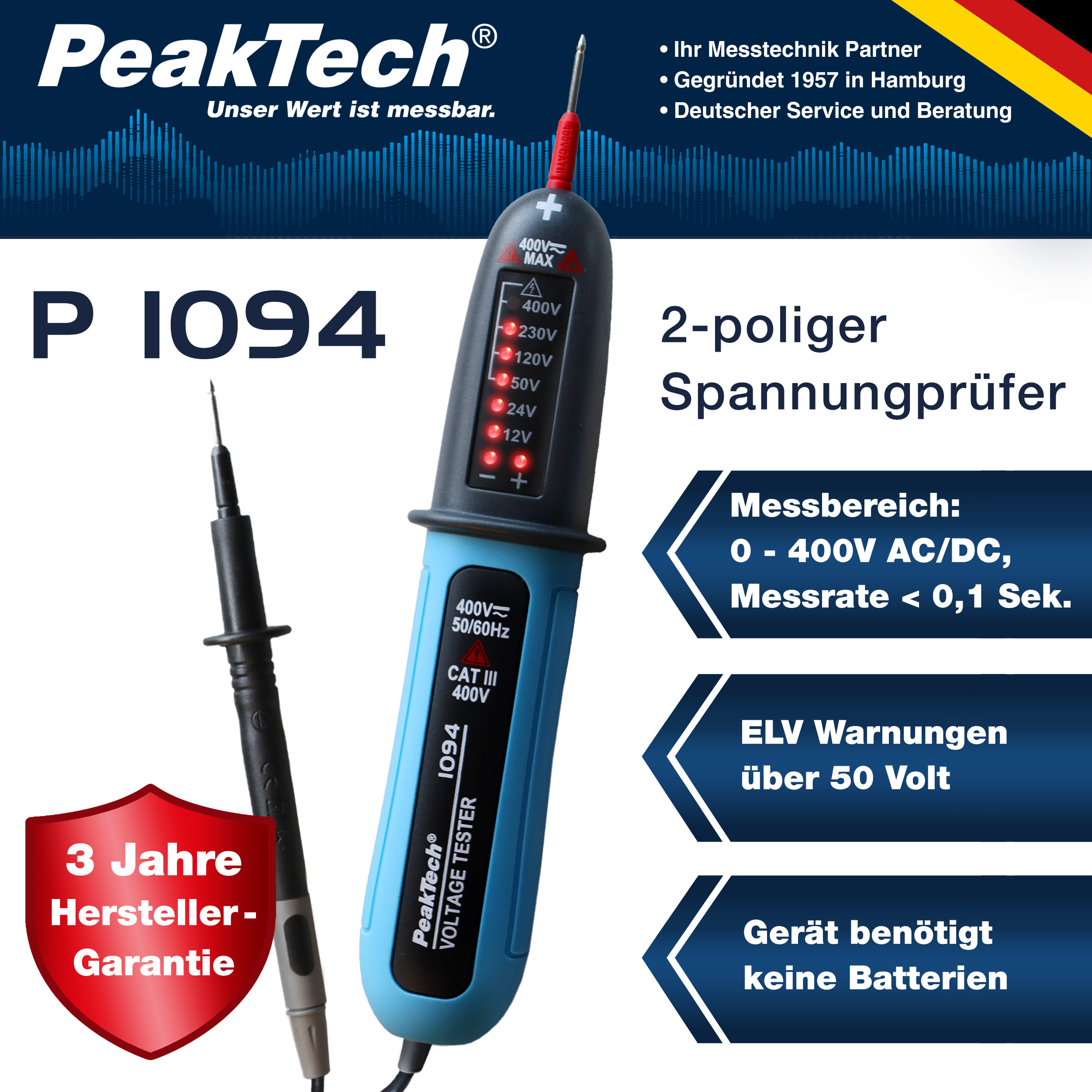 « PeakTech® P 1094 » Testeur de tension 12 ... 400V AC/DC avec affichage LED