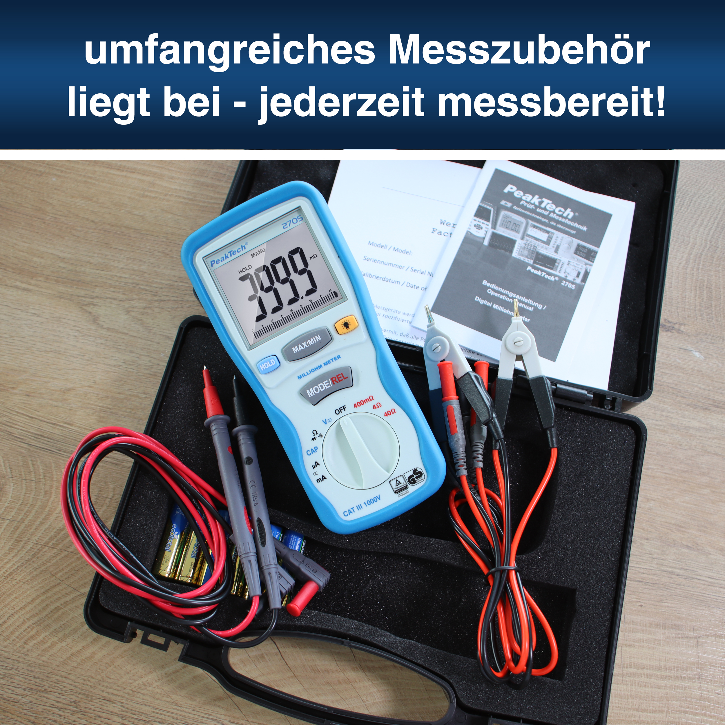 «PeakTech® P 2705» Digital-Milliohmmeter, 4.000 Counts, 400 mΩ/4/40/Ω