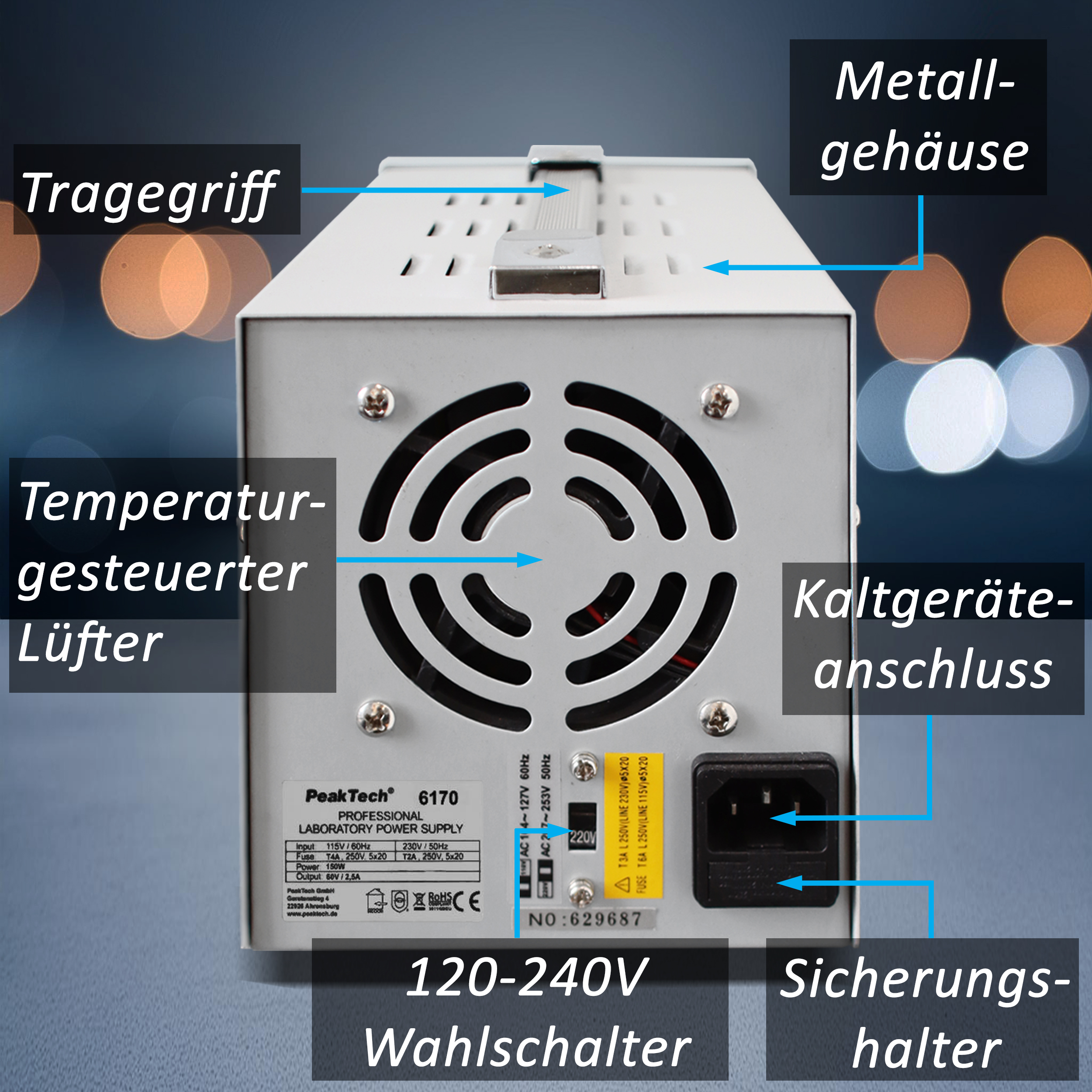 «PeakTech® P 6170» Fuente de alimentación digital 0-60 V / 0-2,5 A CC