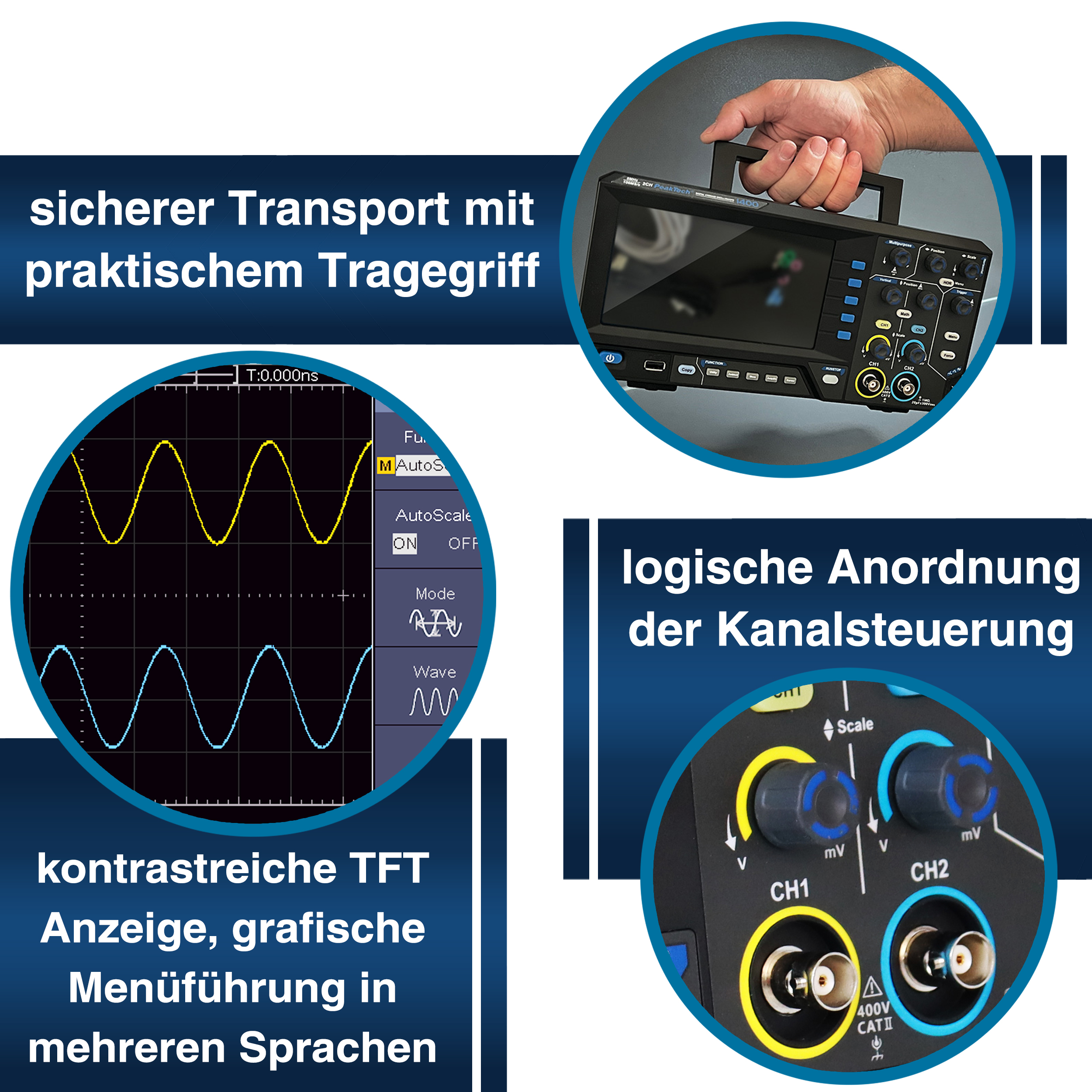 «PeakTech® P 1400» 5 MHz / 2CH, 100 MS/s Oscilloscope à mémoire