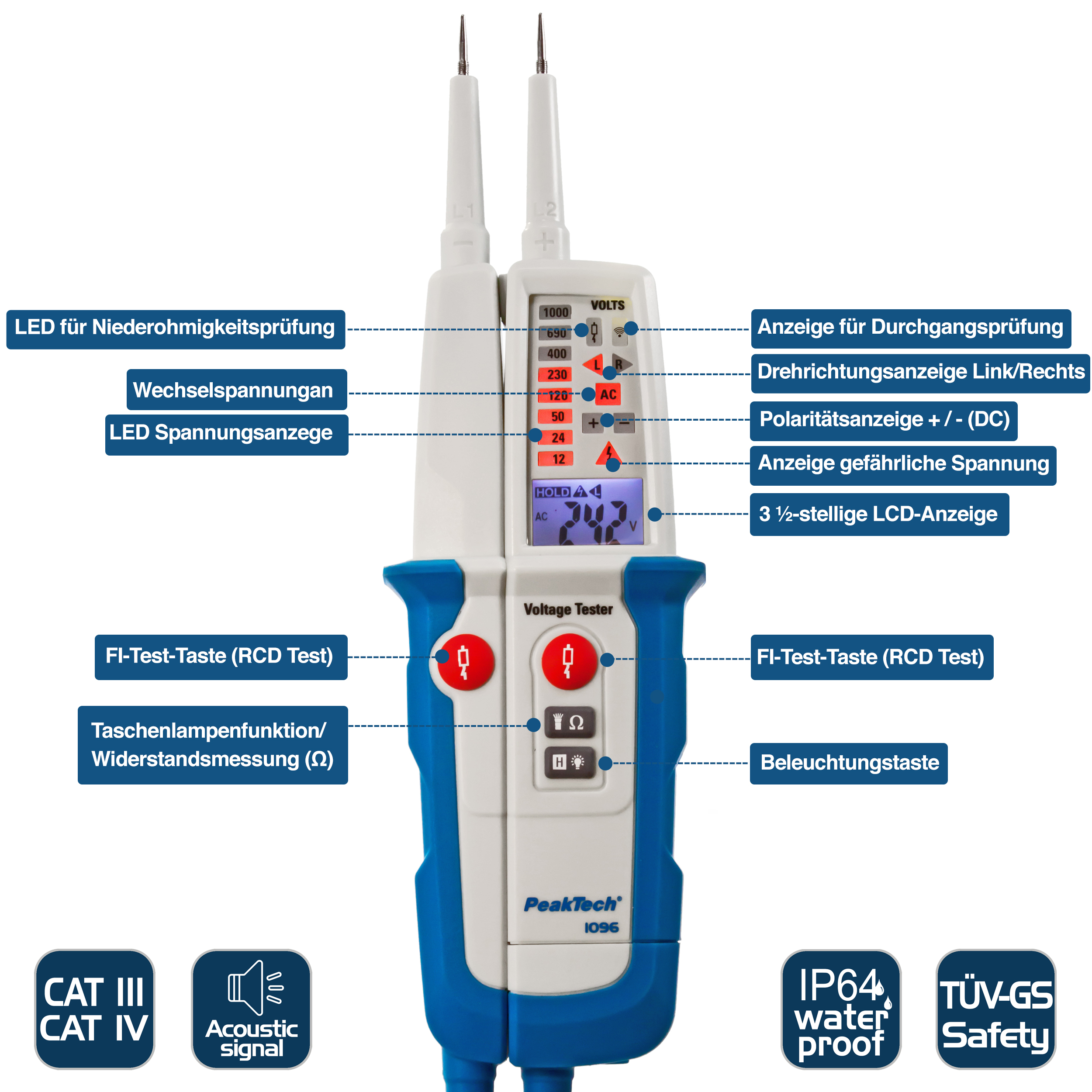 «PeakTech® P 1096» AC/DC voltage tester with RCD-test & dual display