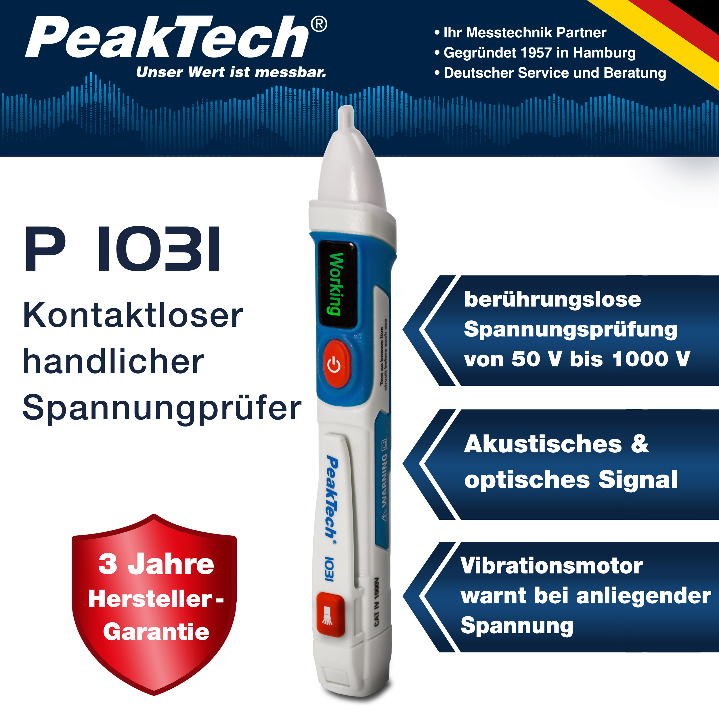 «PeakTech® P 1031» AC voltage tester 50 - 1000 V AC with vibration