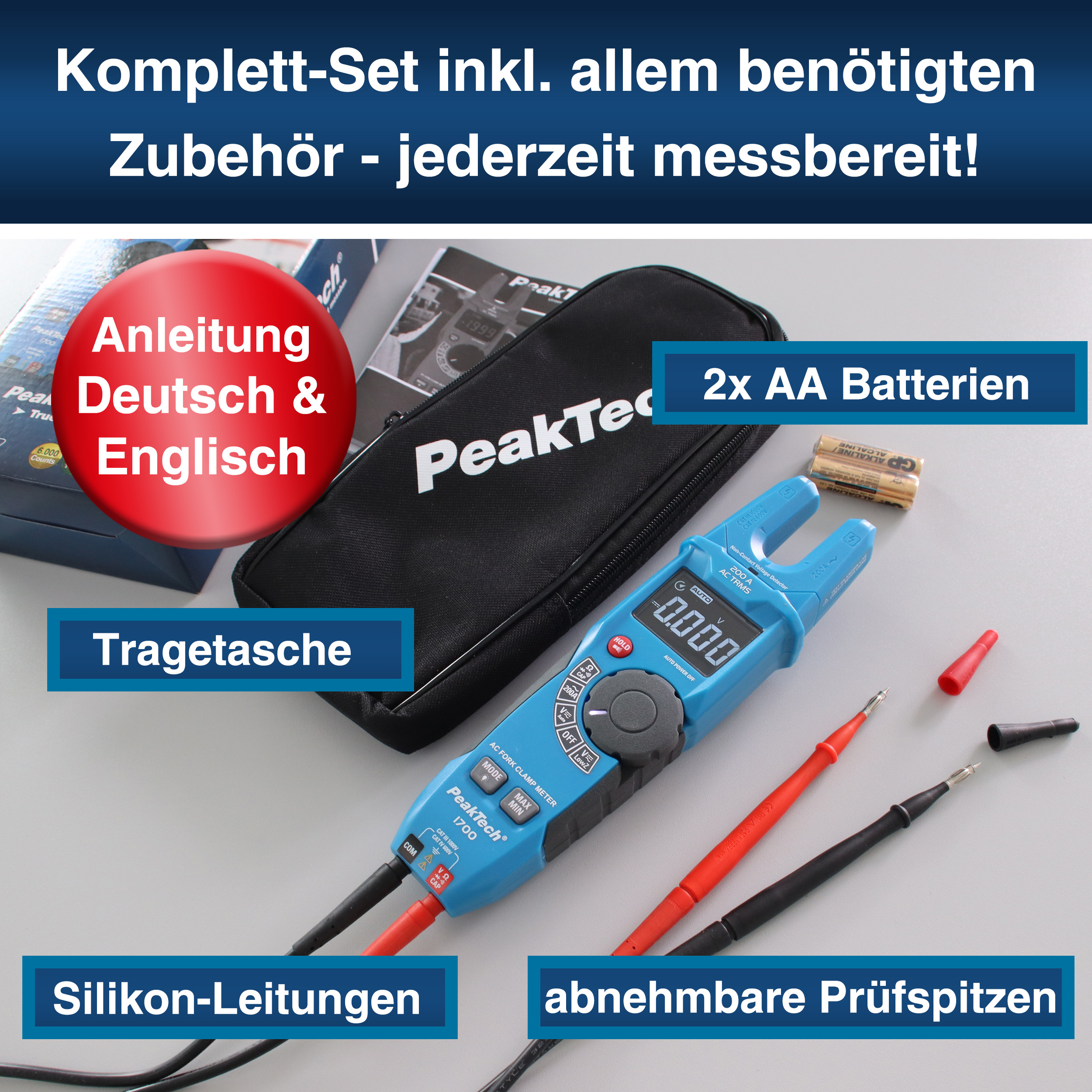 «PeakTech® P 1700» Zacisk widełkowy TRMS, 6000 counts, 200A AC, 1000V