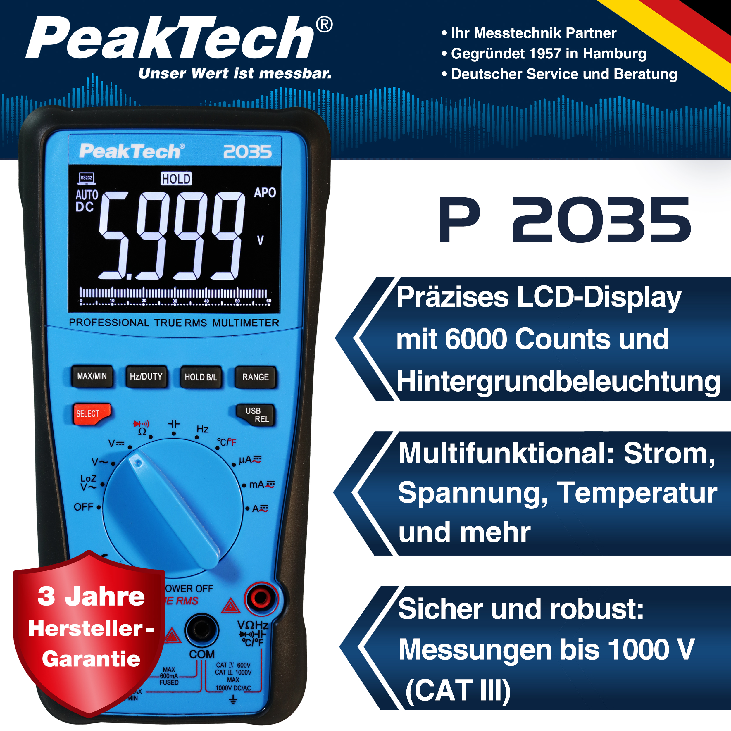 «PeakTech® P 2035» Multimetr cyfrowy True RMS 1000V 6000 zliczeń, USB