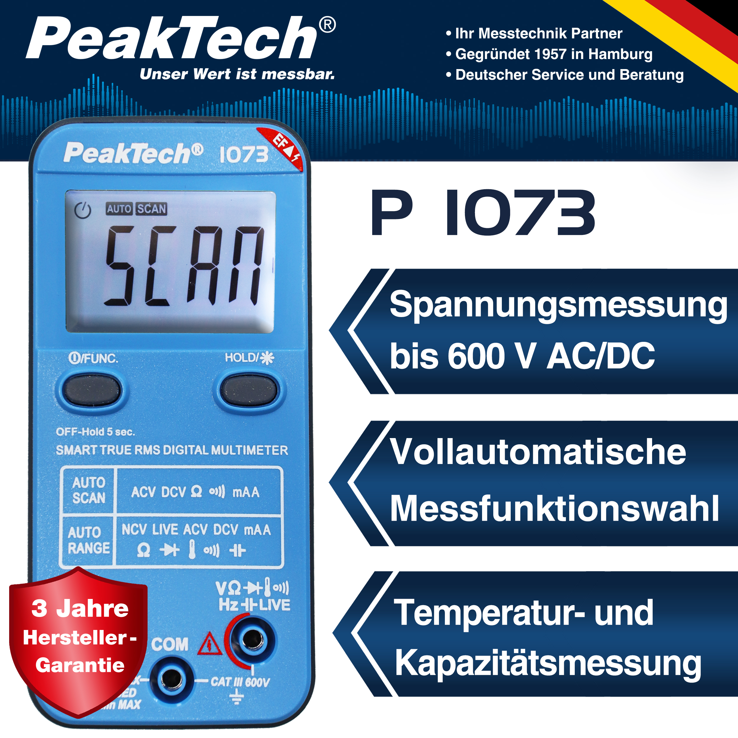 «PeakTech® P 1073» 600V AC/DC Smart-Multimeter mit NCV und Live-Test