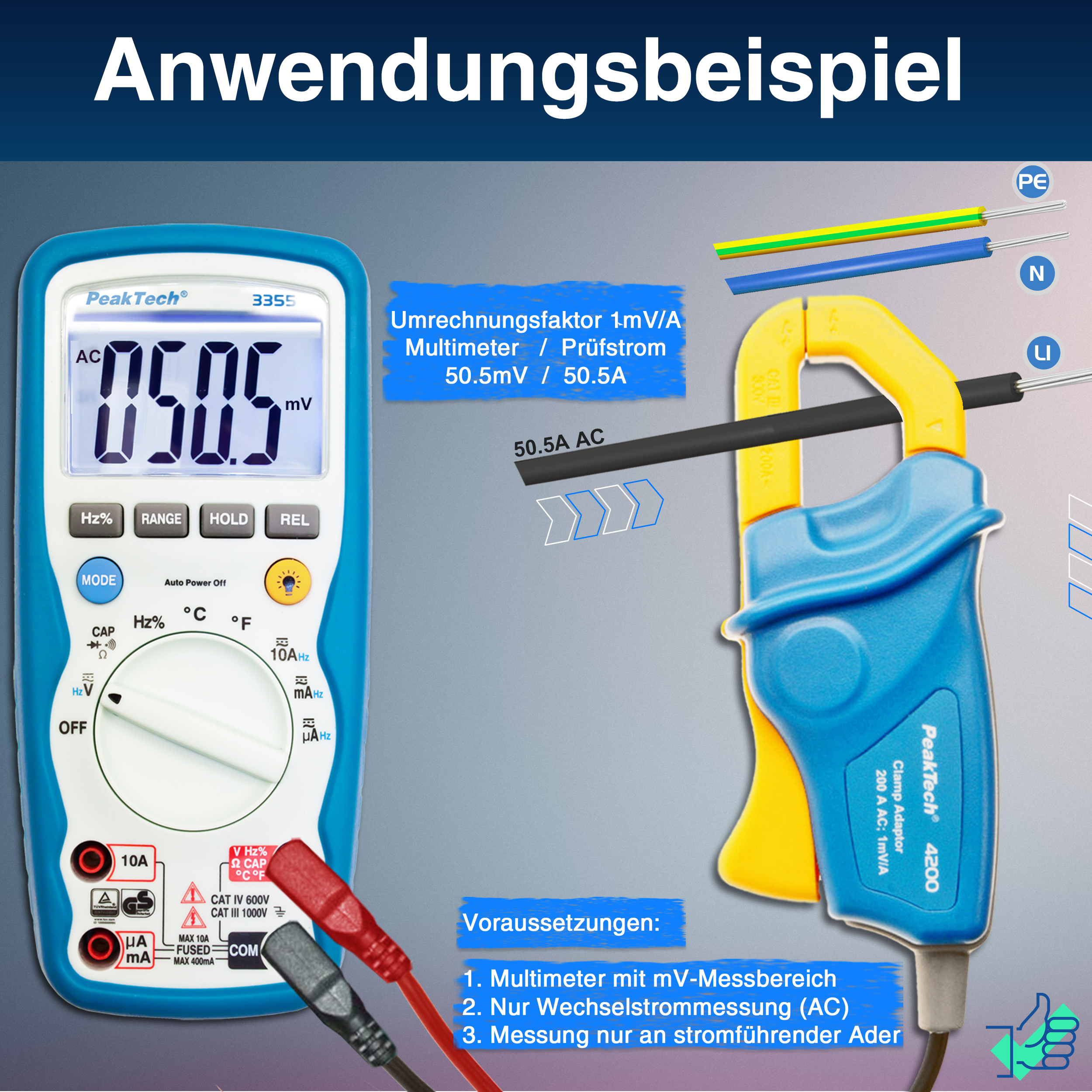 «PeakTech® P 4200» Current Clamp Adapter 200 A AC, with 4mm Plugs